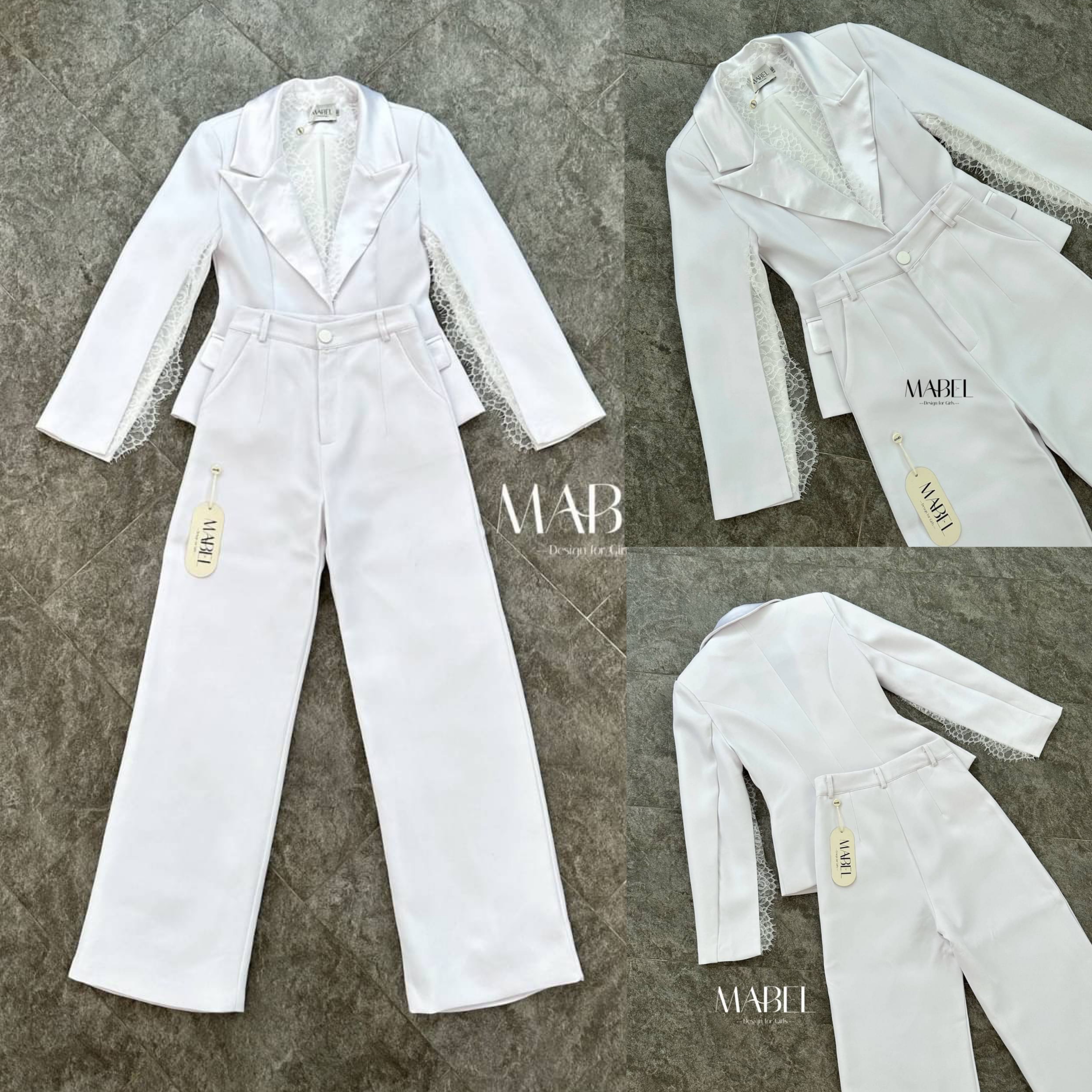 ชุดเซทสูทกางเกงขายาวสีขาว เสื้อสูทเข้ารูปสีขาวปก ดีเทลผ่าแขนยาว 2 ข้าง ตกแต่งด้วยผ้าลูกไม้ และกางเกงขายาวทรงกระบอกใหญ่สีขาว มีซับในทั้งชุด สินค้าคุณภาพ (พร้อมส่ง)