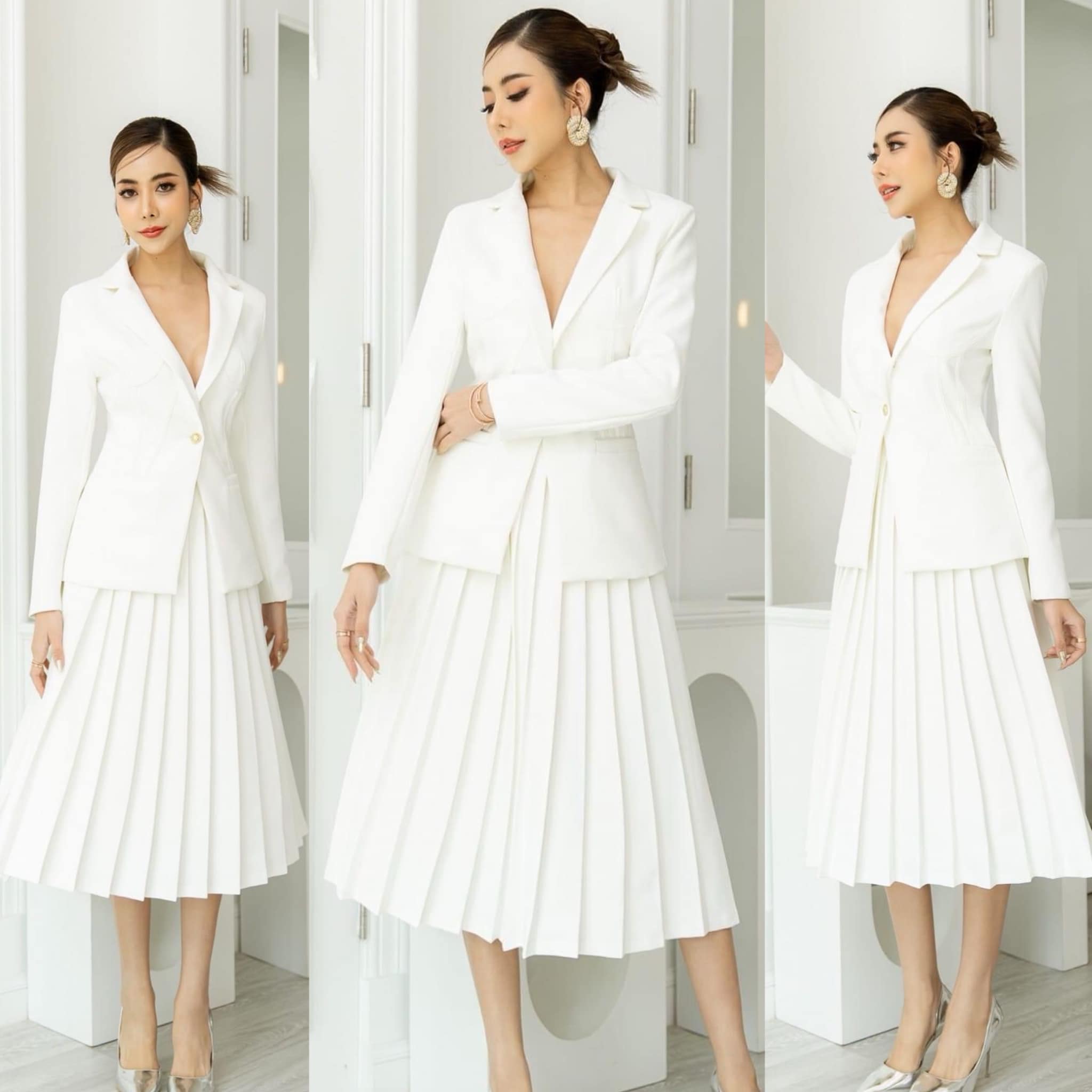 เซตBLAZER +กระโปรงจับจีบรอบ เนื้อผ้าเกรดเอ ตัวBLAZERเป็นทรง ข้ารูป มีกระเป๋า 2 ข้างใช้งาน ได้จริง มาคู่กับกระโปรงจีบจีบรอบตัว ใส่สบาย สินค้าคุณภาพ (พร้อมส่ง)