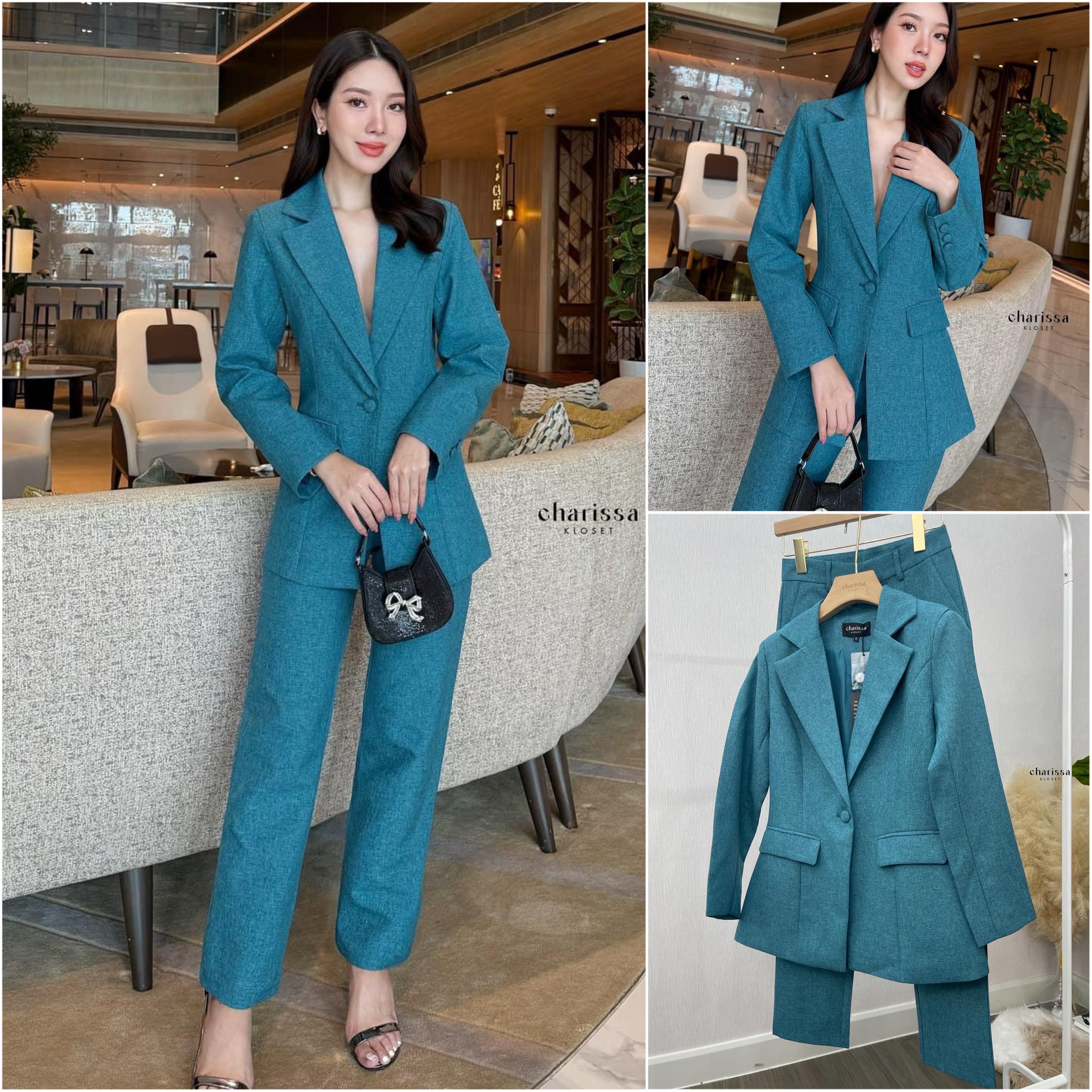 ชุดสูทเรียบหรู สวยคลาสสิค เสื้อสูทมีซับในอย่างดี แต่งกระดุมปั้มผ้าเดียวกับสีชุด +กางเกงขายาวทรงกระบอก ล็กใส่สบายๆ ใส่สบาย : สินค้าคุณภาพ (พร้อมส่ง)