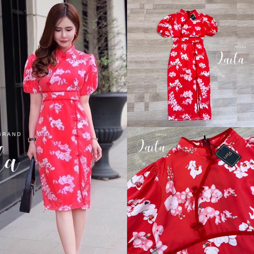 dress กี่เพ้า ทรงสวยรับตรุษจีน สีสดคมชัด แต่งแขนพองนิดๆลายดอก ซากุระโทนสีแดง/ขาว กุ้นขอบแต่งโบว์แดง สินค้าคุณภาพ (พร้อมส่ง)