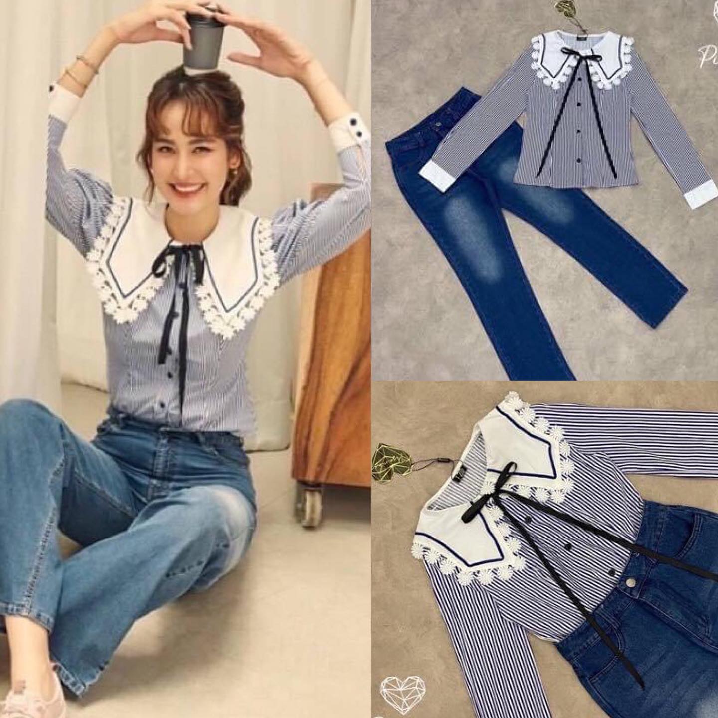 เซ็ตเสื้อเชิ้ตแขนยาวสีฟ้า แต่งคอระบายสีขาวโบว์ มาคู่กับกางเกง ยีนส์สีเข้มขายาว. สินค้าคุณภาพ (พร้อมส่ง) .