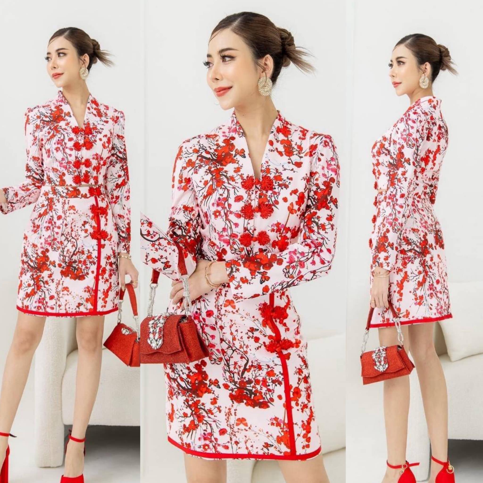 เซตกี่เพ้า คอวี+กระโปรงทรงสวย เนื้อผ้านุ่มใส่สบาย ปริ้นส์ลายดอกซากุระและผีเสื้อ ใส่สบาย สินค้าคุณภาพ (พร้อมส่ง)