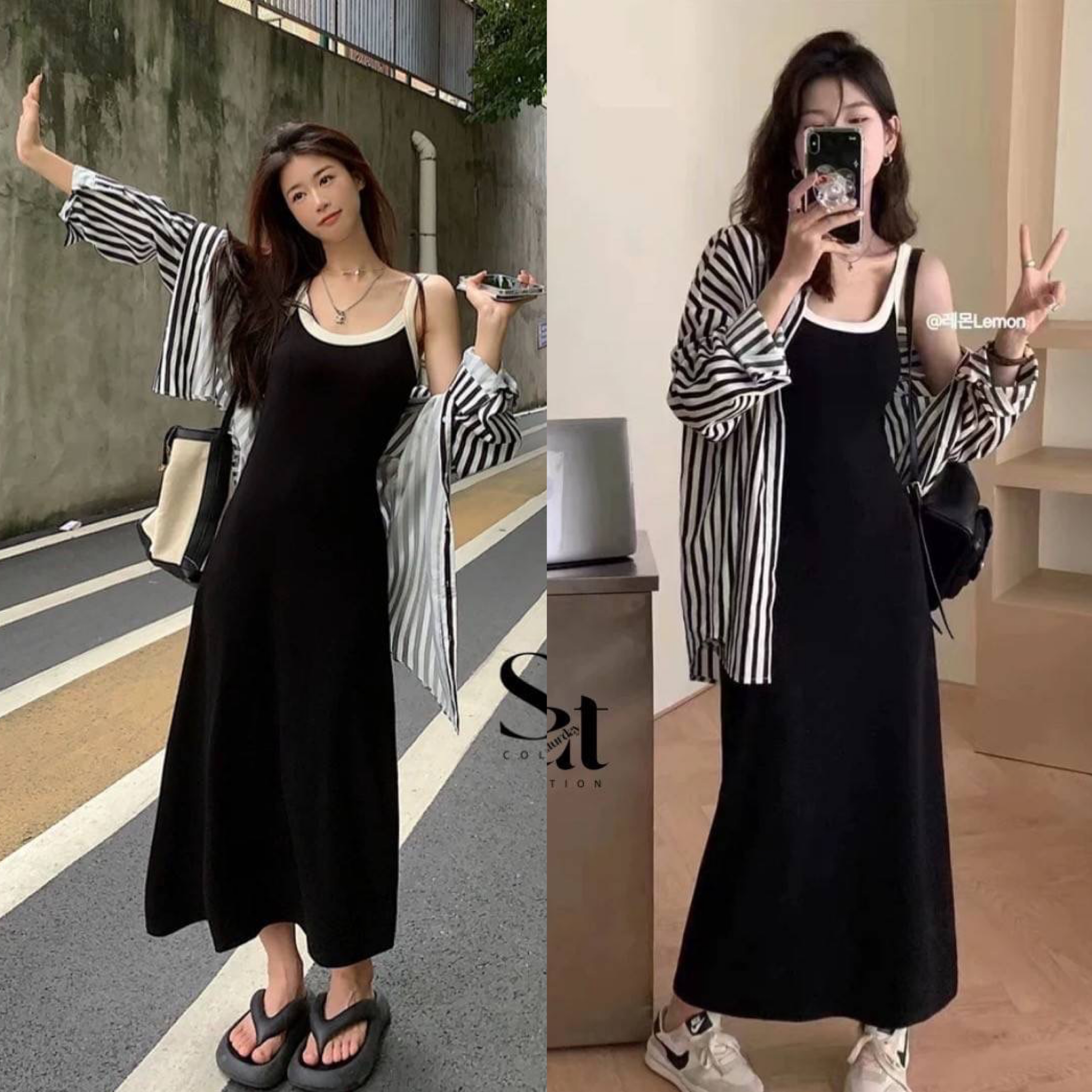 SET 2 pcs. เดรสผ้ายืดเนื้อนุ่มเด้ง แต่งกุ๊นขอบช่วงบนสีตัดกับตัวเดรส มาพร้อมเสื้อคลุมทรงเชิ๊ตคอปกกระดุมหน้า ลายริ้ว สินค้าคุณภาพ (พร้อมส่ง)