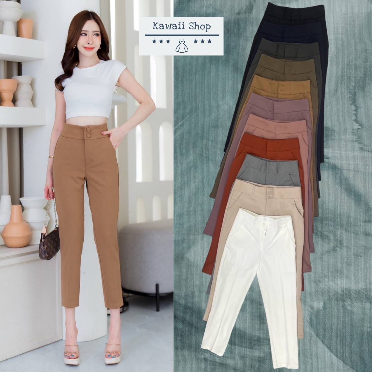 กางเกงขายาว8ส่วน ติดกระดุมปั๊ม2เม็ด ซิปหน้า มีกระเป๋าข้าง ผ้าโรเชฟ ยืดหยุ่น ใส่สบาย : สินค้าคุณภาพ (พร้อมส่ง)