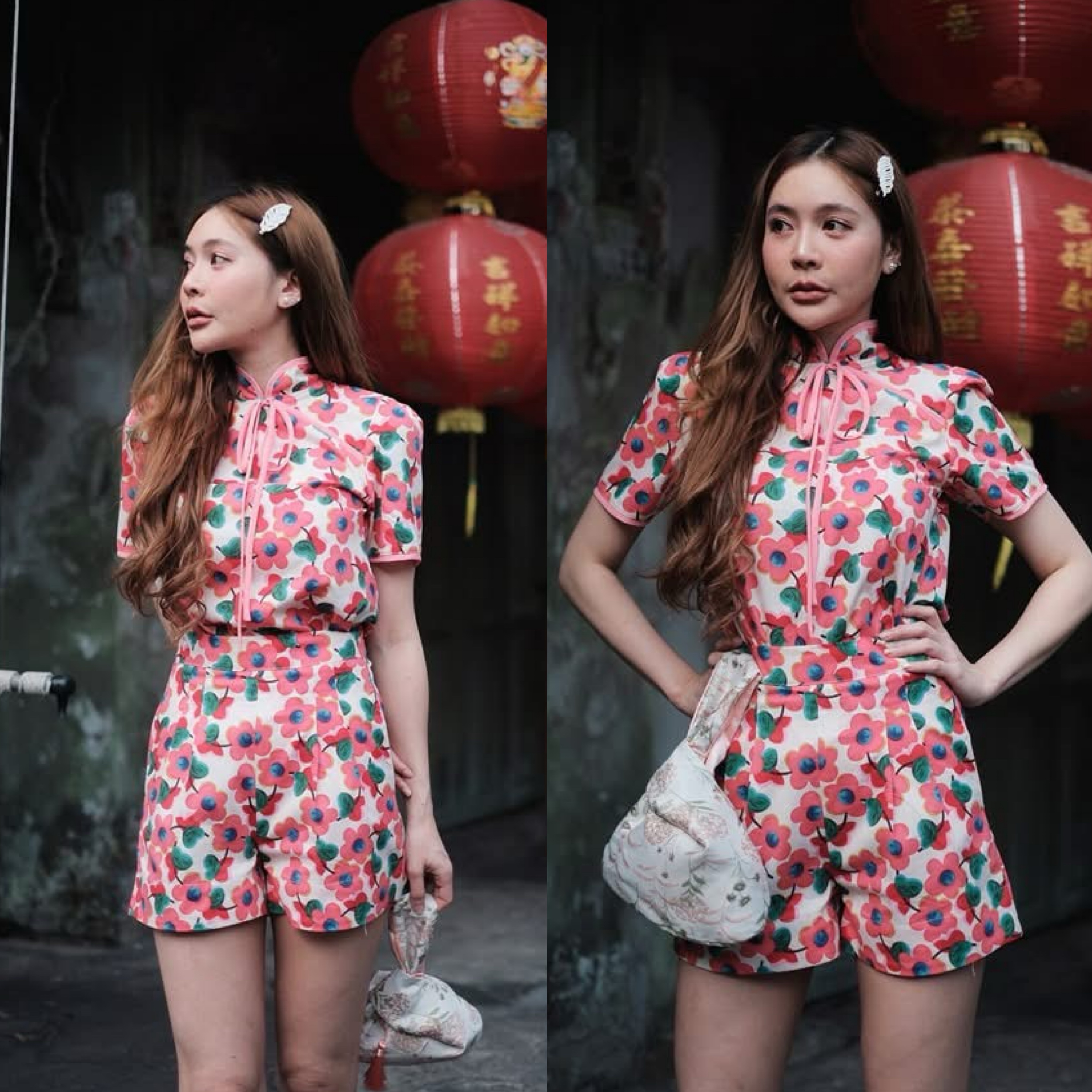 ชุดset เสื้อคอจีน ผ้าลายดอกไม้เล็กๆ ผ้าคือสวยมากๆ ป้ายด้านหน้าผูกโบว์ มีซิปด้านหลัง งานสวยเป๊ะ ชุดเดียวคือจบห้ามพลาดเลยน้า ใส่สบาย : สินค้าคุณภาพ (พร้อมส่ง)