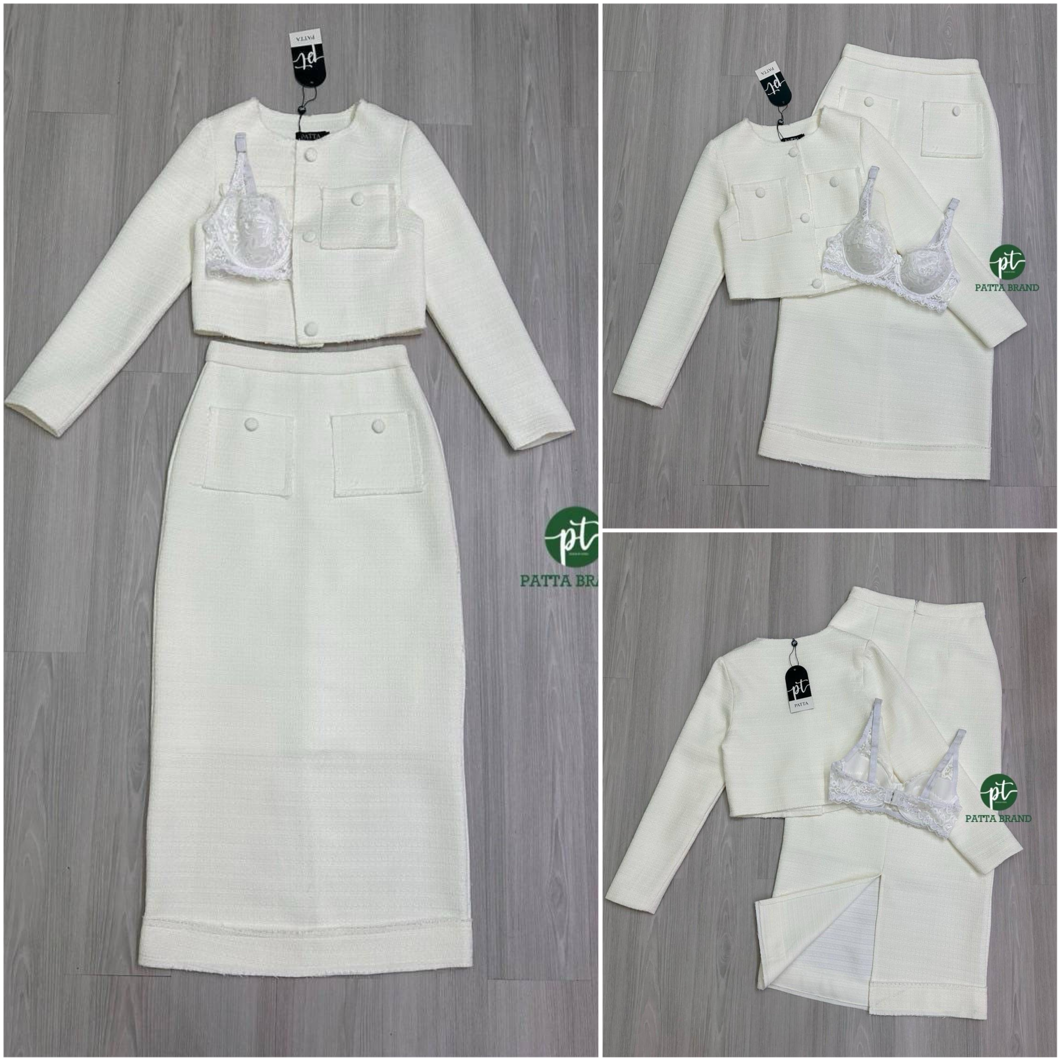 Set 3 ชิ้น สีครีม เสื้อครอปบรา ลูกไม้สีขาวสายสปาเกตตี้ มาพร้อมกับเสื้อคลุม ตัวสั้นคอกลมแขนยาว มีกระดุมหน้าใช้งานได้จริง มีกระเป๋าตรงอก และมาคู่กับกระโปรงยาวทรงสอบ เอวสูงซิปด้านหลัง เพิ่มความน่ารักด้วยกระเป๋าตรง สะโพกด้านหน้า และดีเทลผ่าหลัง ใส่สบาย : สินค