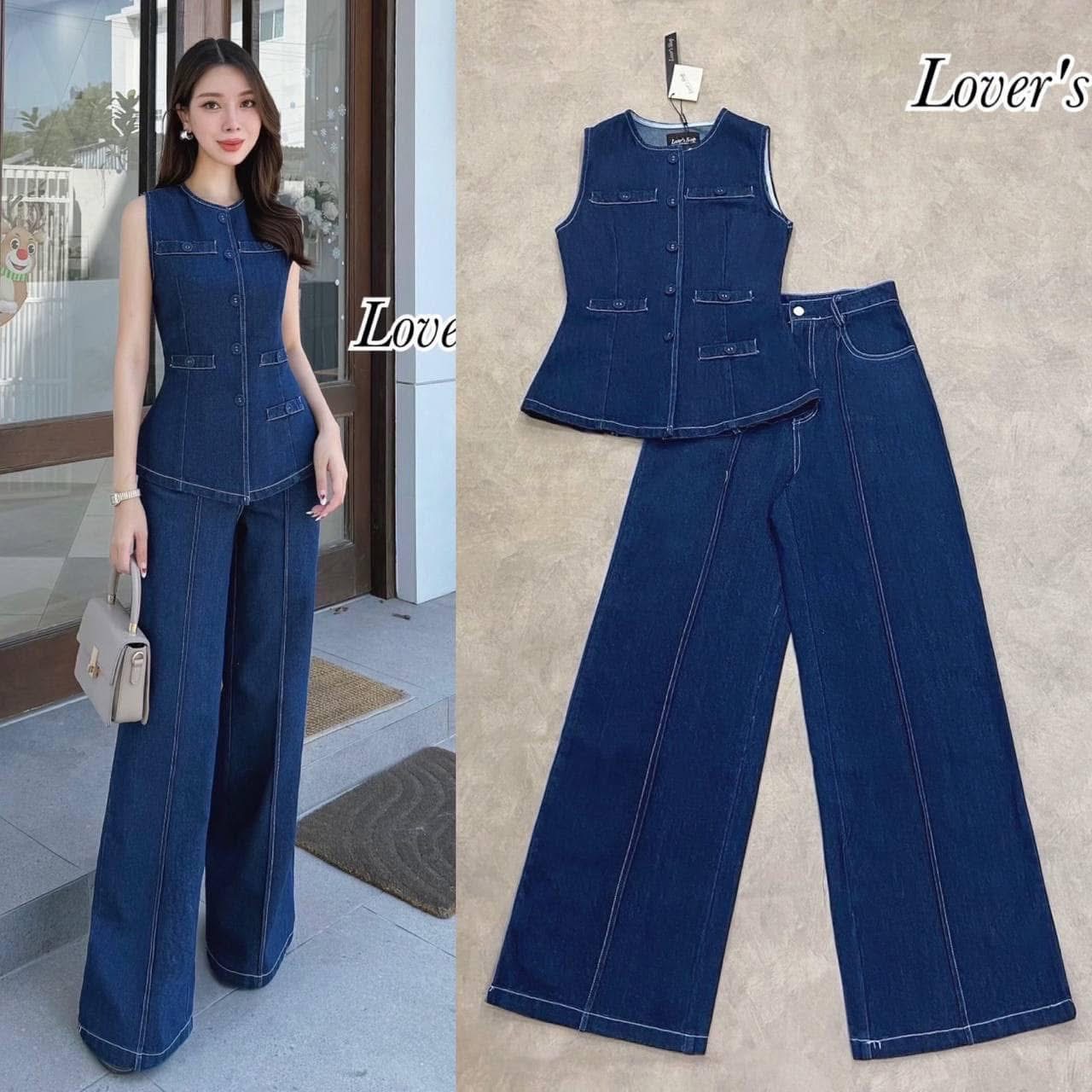 Set ยีนส์ 2ชิ้น ดีเทลเสื้อแขนกุด ทรงกระดุมหน้า ทรงเข้ารูปพอดีตัวมาพร้อมกางเกงเอวสูง ทรงขากระบอกกลาง ใส่สบาย : สินค้าคุณภาพ (พร้อมส่ง)