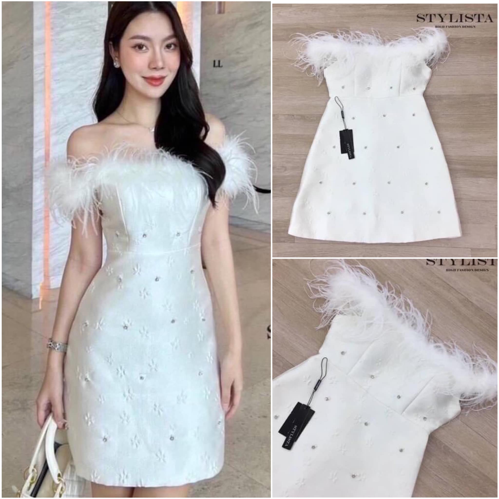 เดรสเปิดไหล่ เกาะอก ทรงพอดีตัว แต่งขนนกช่วงอกรอบตัว เนื้อผ้ามีเทคเจอร์ ลายดอกไม้ ประดับเพชรเเละมุก ใส่สวยเรียบ หรูมาก สินค้าคุณภาพ (พร้อมส่ง)