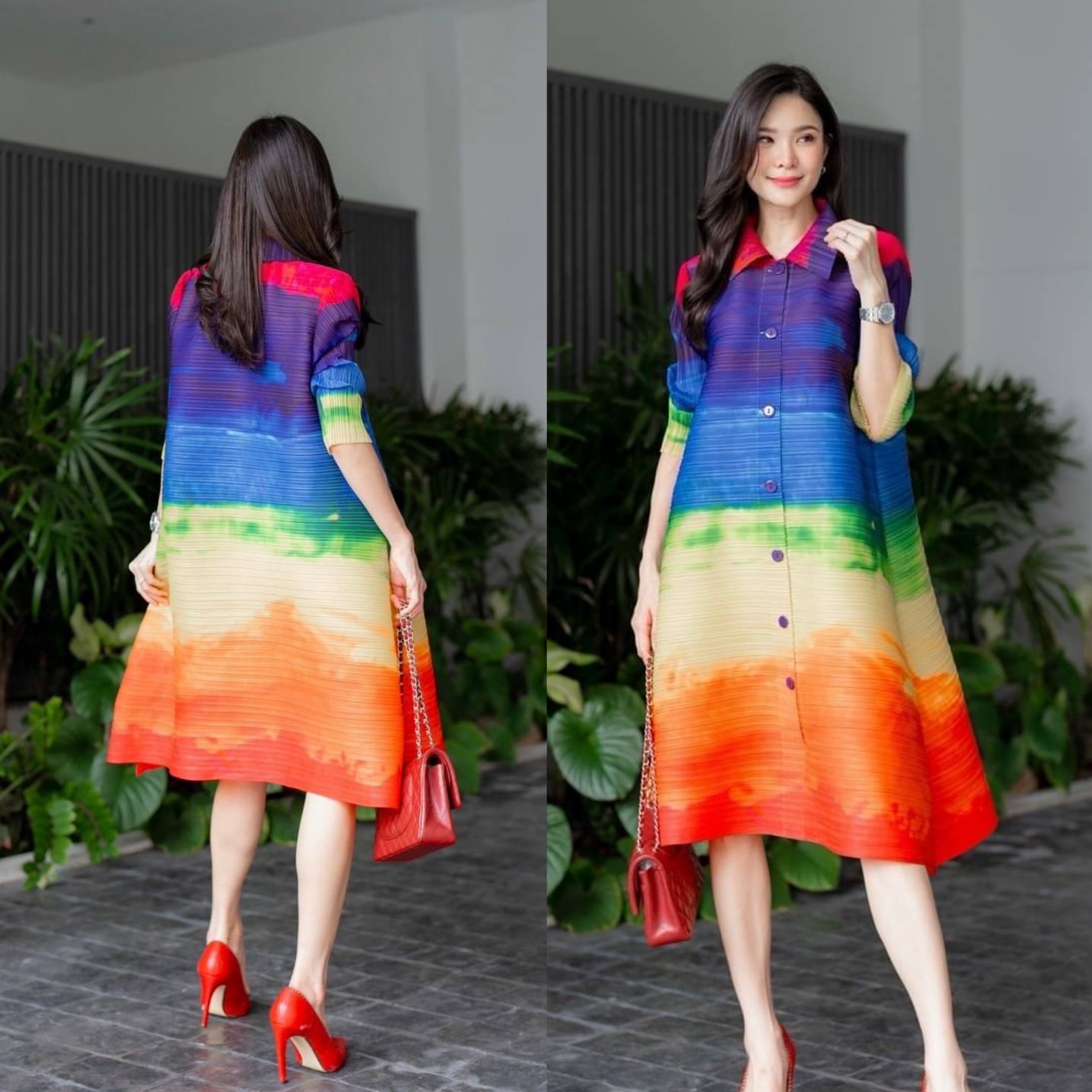 ชุดเดรส อัดพลีท คอปกเล็ก แขน 4 ส่วน แต่งกระดุมเรียงยาว ✨✨ ดีเทลแน่นๆ ด้วยลายกราฟฟิค สีสดสวยมว้ากกก ใส่สบาย : สินค้าคุณภาพ (พร้อมส่ง)