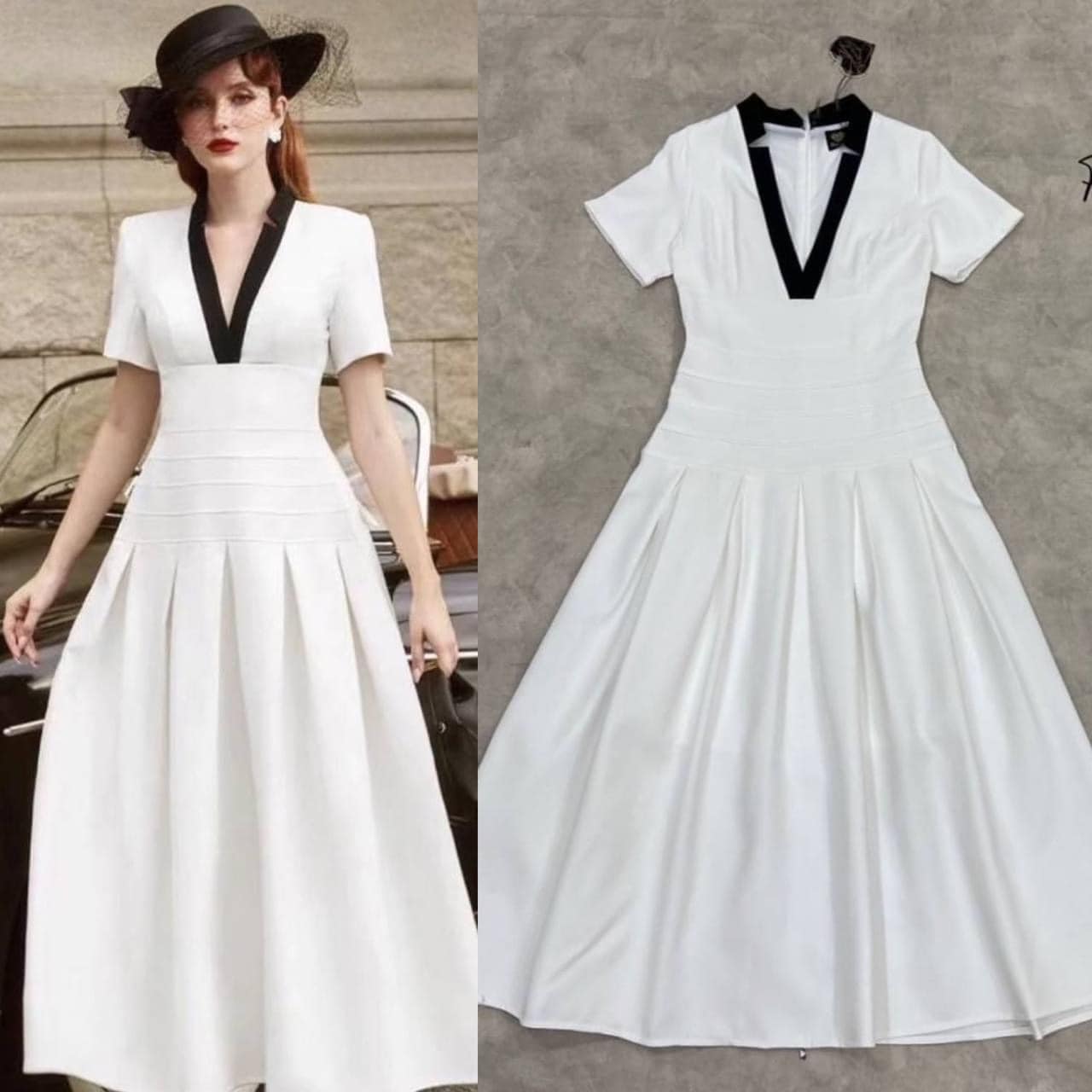 เดรสสีขาวคอวีลึกทรงบานเรียบ หรู ดูแพง ใส่สบาย สินค้าคุณภาพ (พร้อมส่ง)