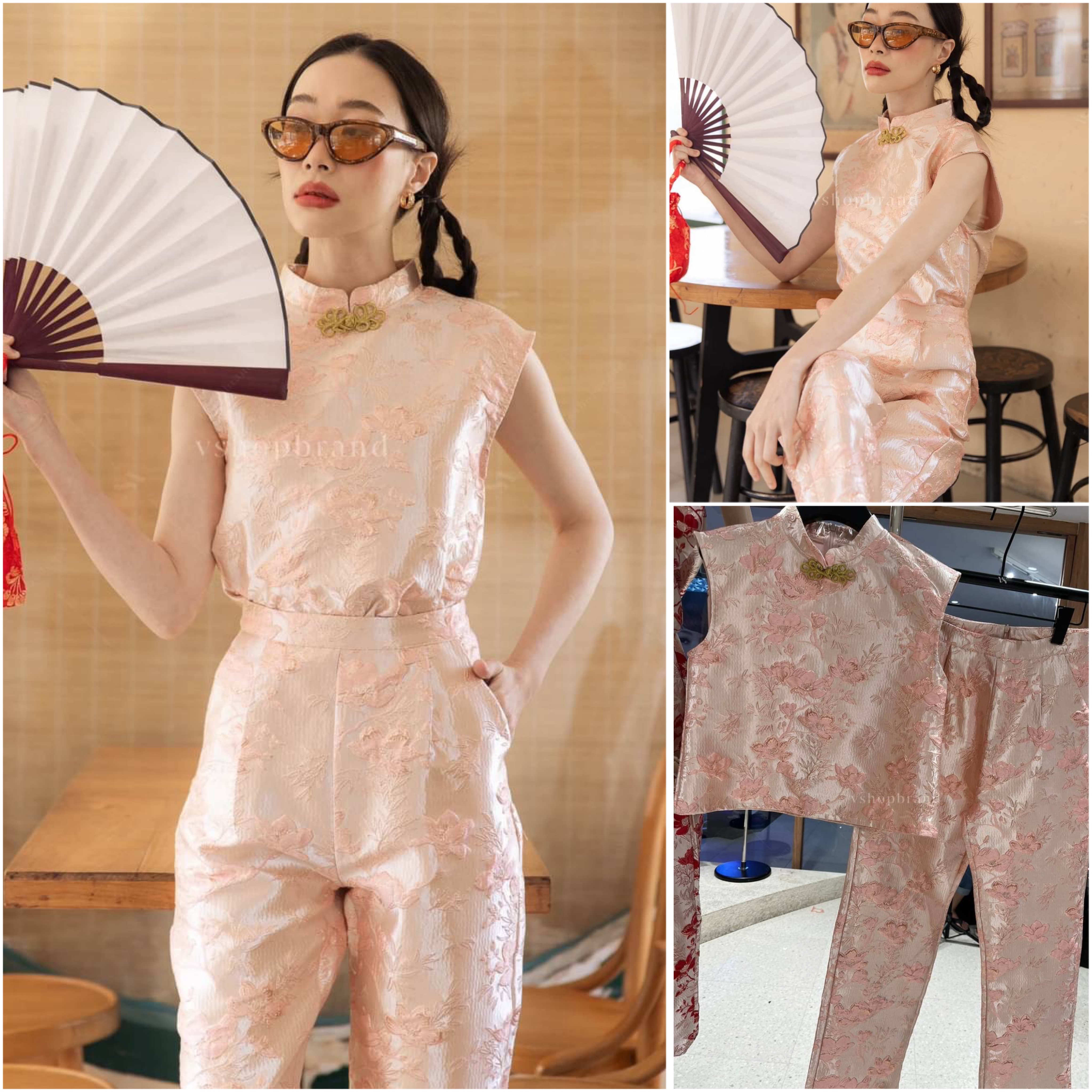 Set กี่เพ้าเสื้อแขนกุดผ้าทอ ลายดอกโบตั๋น + กางเกงขายาว ใส่สบาย : สินค้าคุณภาพ (พร้อมส่ง)