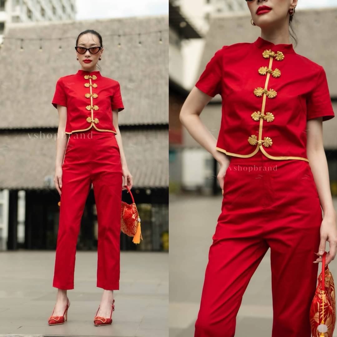 Set เสื้อกี้เพ้ากระดุมทอง + กางเกงขายาว ใส่สบาย : สินค้าคุณภาพ (พร้อมส่ง)