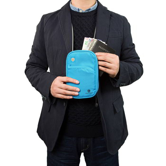 กระเป๋าใส่พาสปอร์ตห้อยคอ คล้องคอได้ กระเป๋าใส่หนังสือเดินทาง ป้องกันการขโมยข้อมูลบัตรเครดิตด้วยคลื่น RFID (Blue)