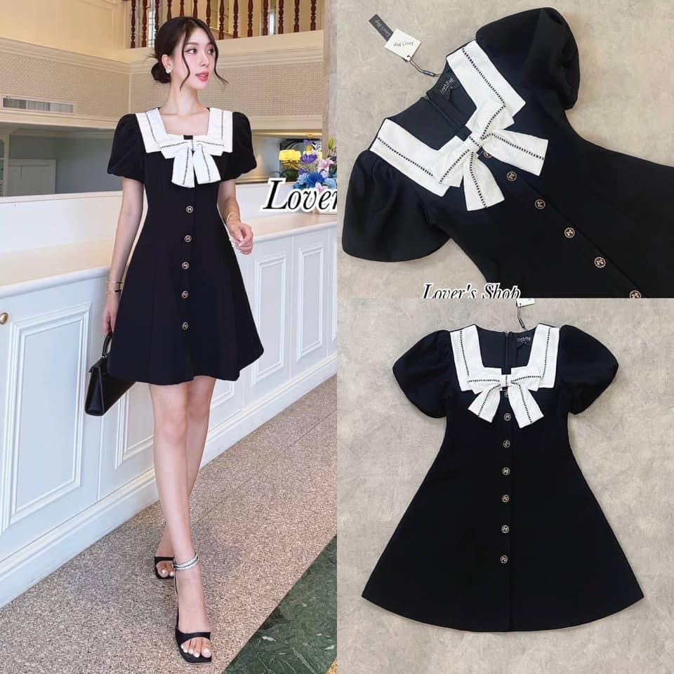 เดรสกระโปรง ลุคลูกคุณหนูทรงแขนตุ๊กตาน่ารัก แต่งปกโบว์ผ้าลูกไม้ ใส่สบาย : สินค้าคุณภาพ (พร้อมส่ง)