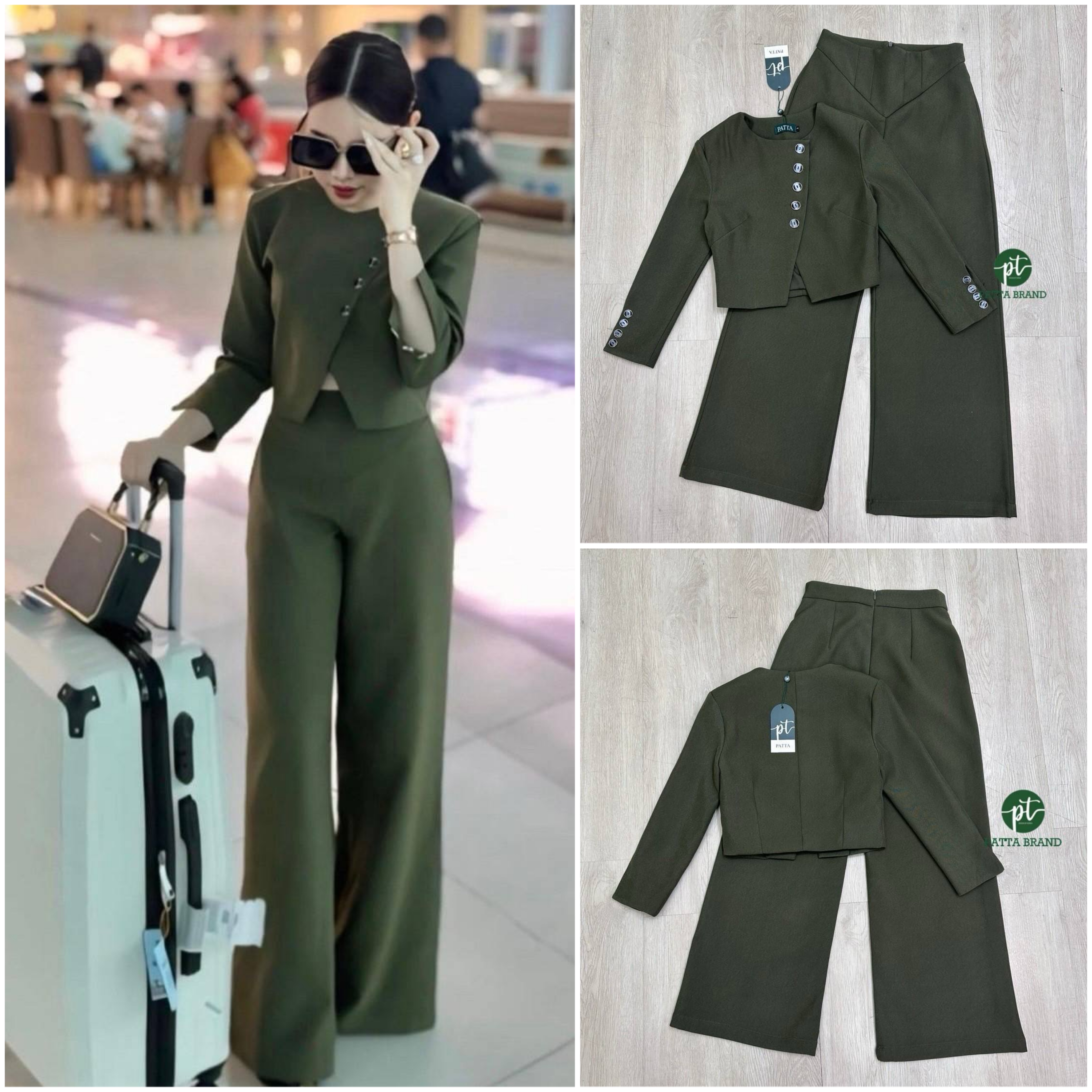 Set 2 ชิ้นสีเขียวขี้ม้า เสื้อครอปคอกลมด้านหน้าแต่งกระดุมเฉียงข้างแหวกหน้าสูง+กางเกงขายาวทรงกระบอกใหญ่ ใส่สบาย : สินค้าคุณภาพ (พร้อมส่ง)