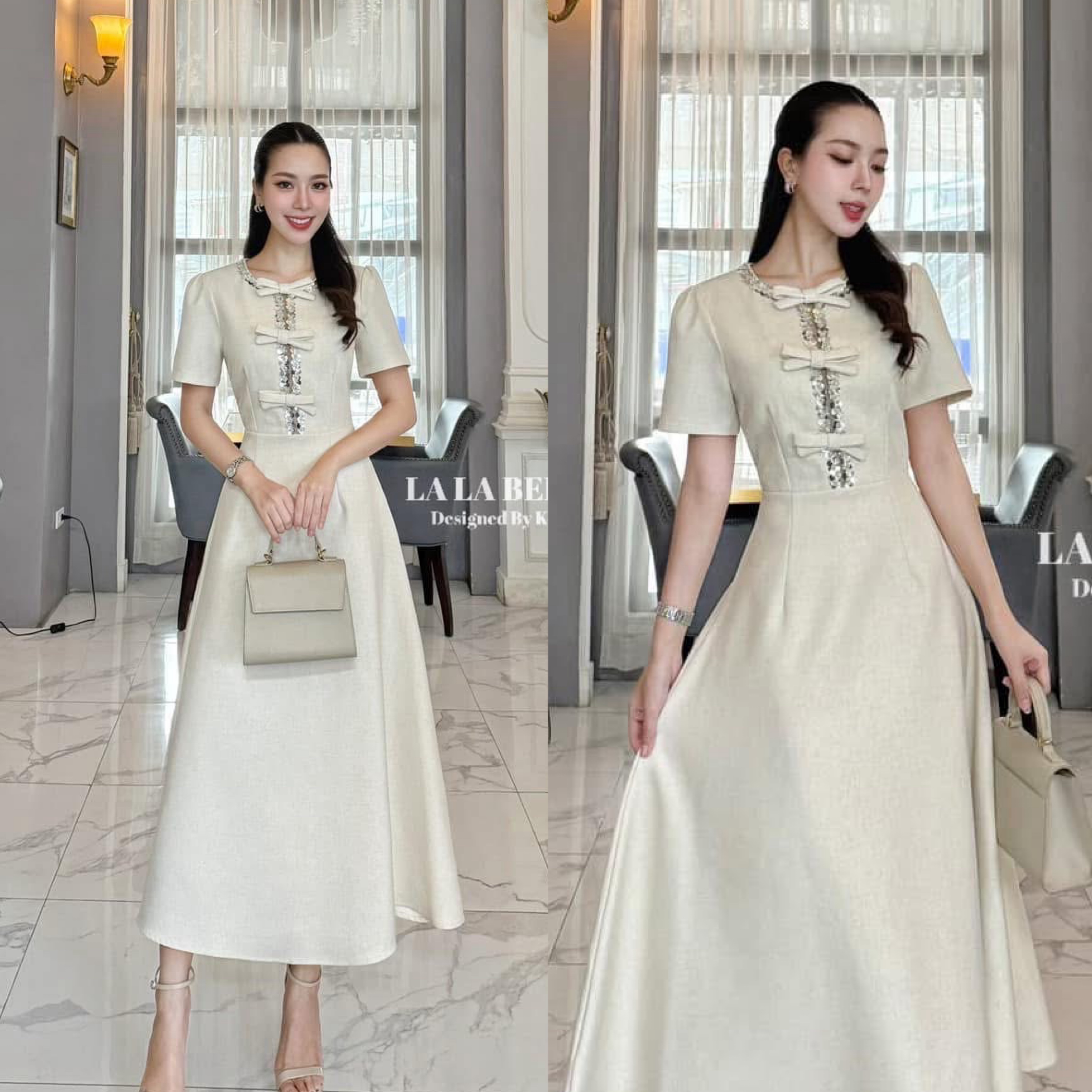 เดรสทรงเจ้าหญิงตัดเย็บด้วยผ้าลินินอัดกาวผ้ามีน้ำหนักทิ้งตัวสวยคอกลมแขนสั้นยกช่วงไหล่จับจีบเอวเข้ารูปกระโปรงบานช่วงตัวเสื้อแต่งปักเลื่อมตรงกลางแต่งเป็นผ้าซีทูสีเนื้อพร้อมแต่งโบว์มีซับในอย่างดี ใส่สบาย : สินค้าคุณภาพ (พร้อมส่ง)