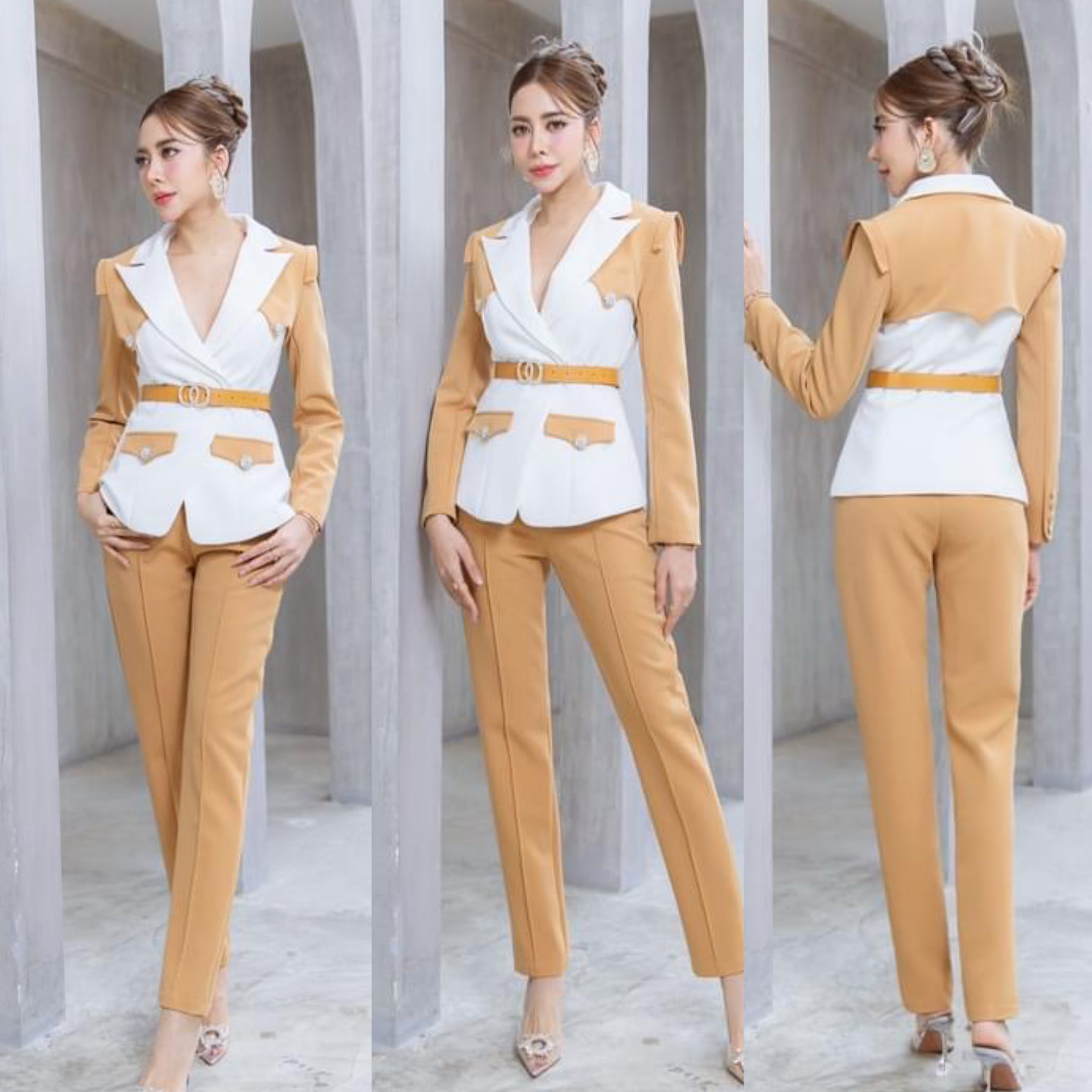 เซต BLAZER ทูโทน เนื้อผ้าเกรดเอ ตัวBLAZER เป็นทรงเข้ารูปแต่งกระดุมสีเงิน มีเข็มขัดช่วยให้ทรงเข้ารูป มาคู่กับกางเกงเอวสูงทรงขากระบอกเล็ก สินค้าคุณภาพ (พร้อมส่ง)