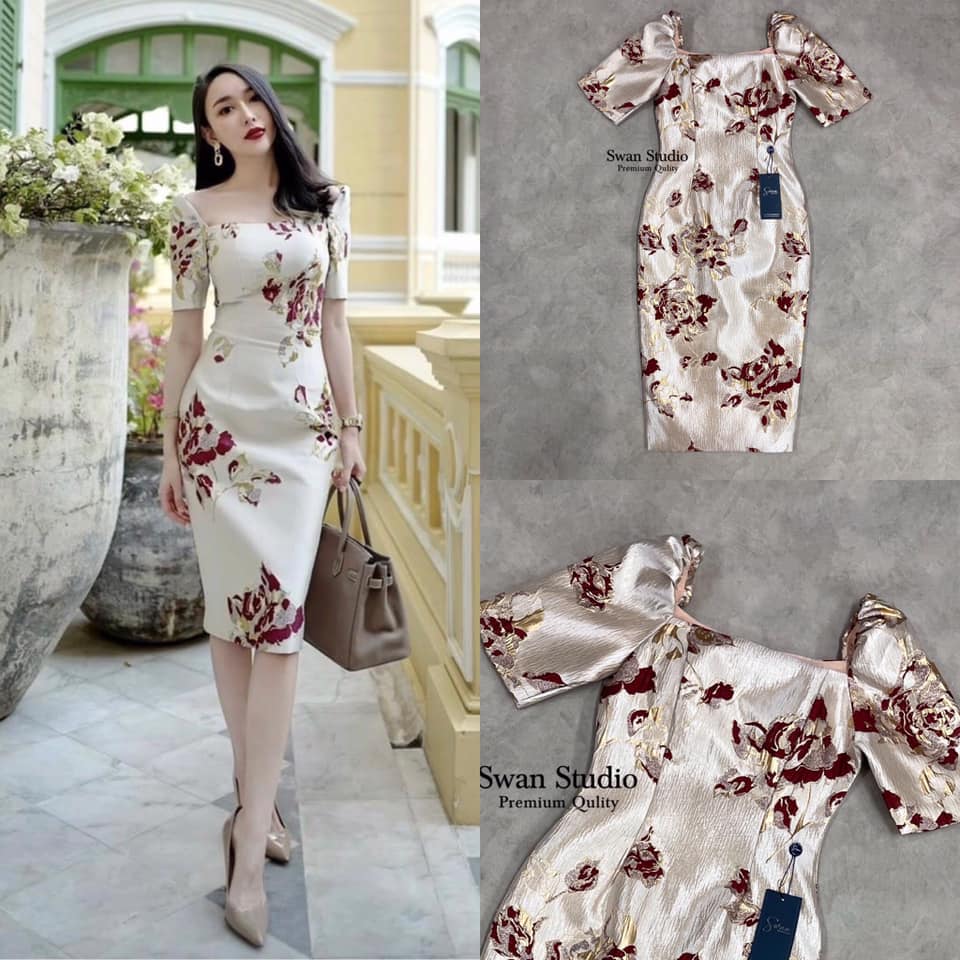 เดรสผ้าแจ็คการ์ด ทอลายกุหลายสีทอง พื้นทองเหมาะกับช่วงตรุษจีนพอดี หรือจะใส่ทำงาน ก็สวย สินค้าคุณภาพ (พร้อมส่ง)