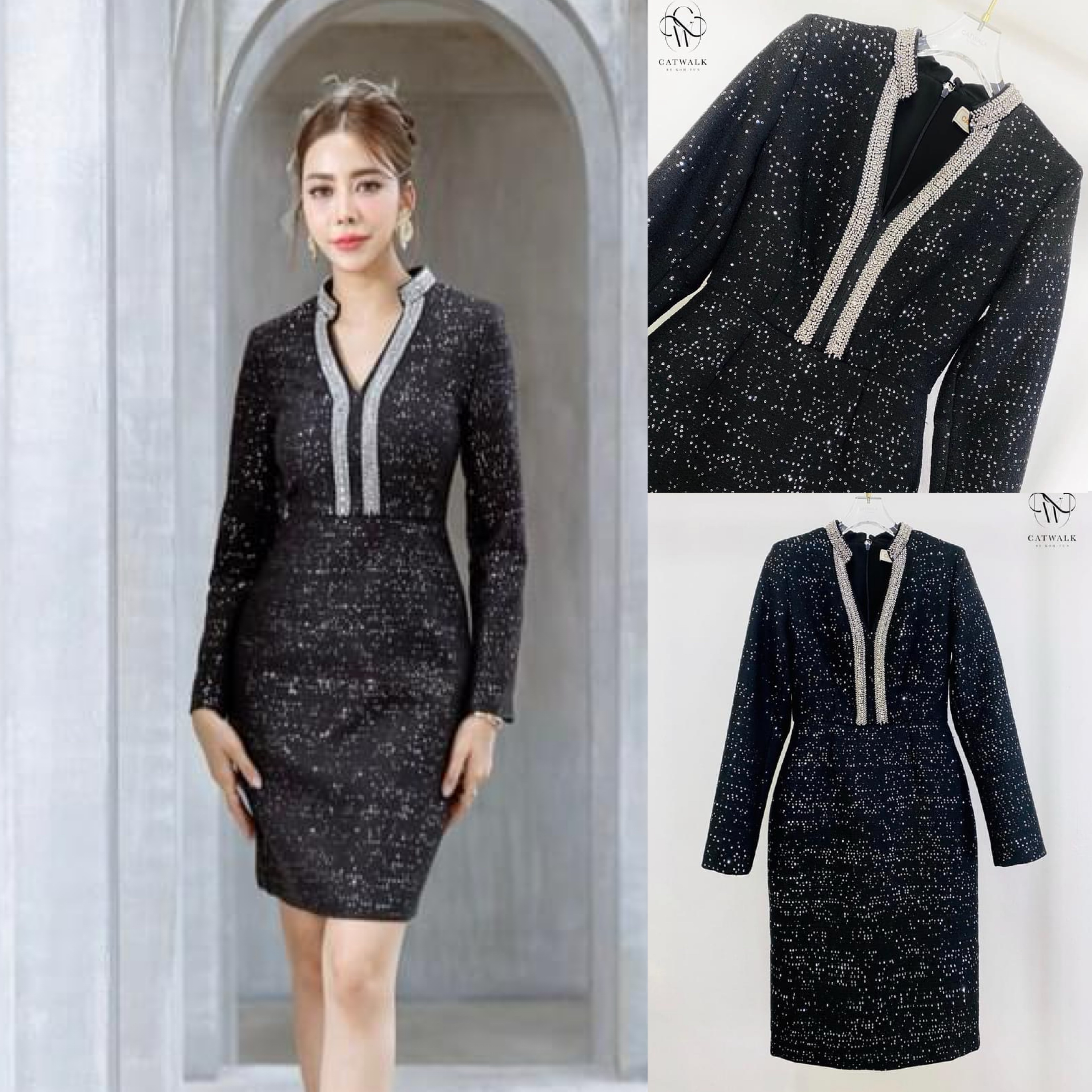 เดรสผ้าทวิต ปักเลื่อมที่เนื้อผ้าทั้งตัว ตัวชุดเป็นทรงเข้ารูป แขน ยาว กระโปรงทรงสอบ ใส่สบาย สินค้าคุณภาพ (พร้อมส่ง)