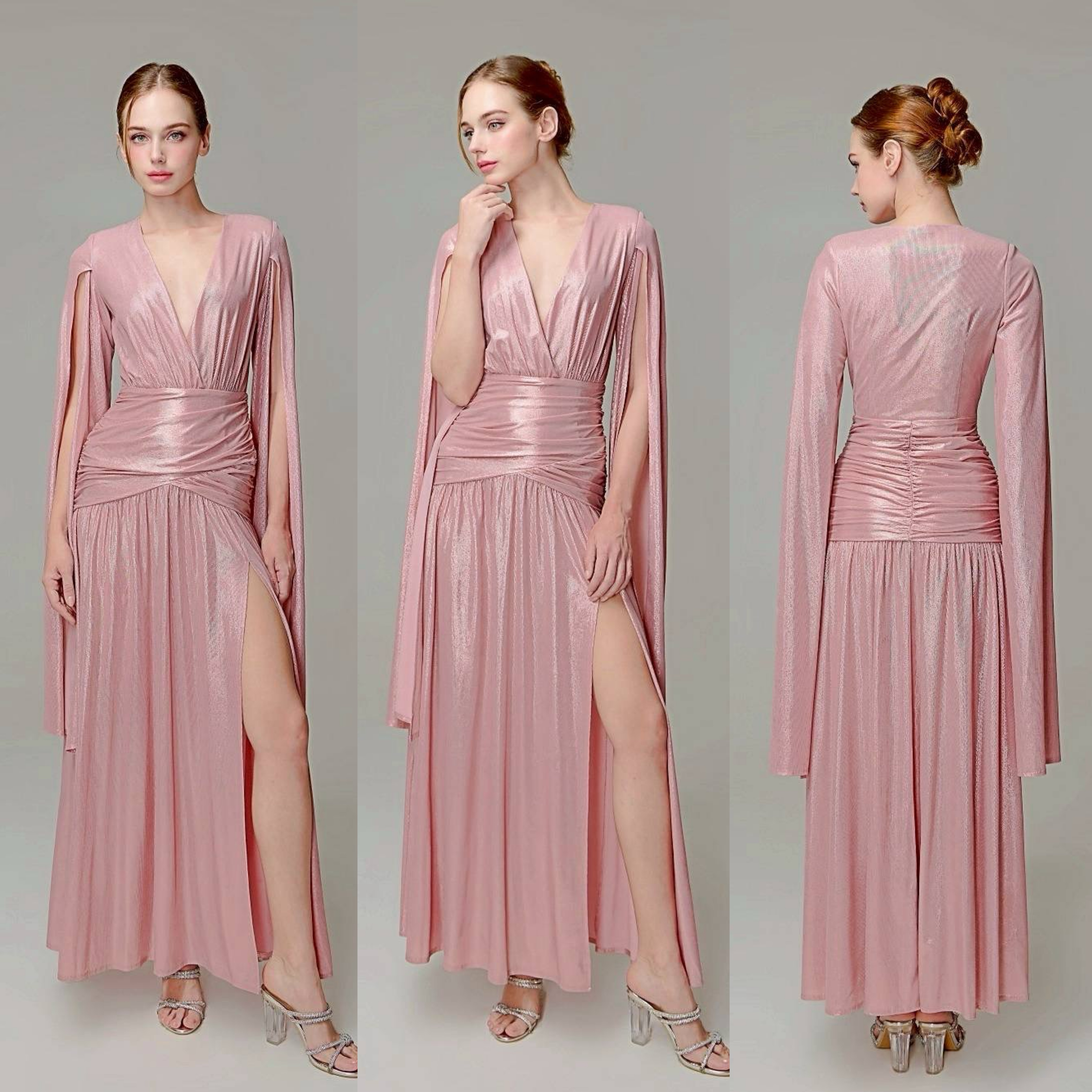 แม็กซี่เดรสเสื้อคอวีป้าย แขนยาวเป็นผ้าคลุมในตัว กระโปรงเข้ารูปตรงสะโพก ผ่าหน้าขา ชายกระโปรงบาน ใส่สบาย : สินค้าคุณภาพ (พร้อมส่ง)