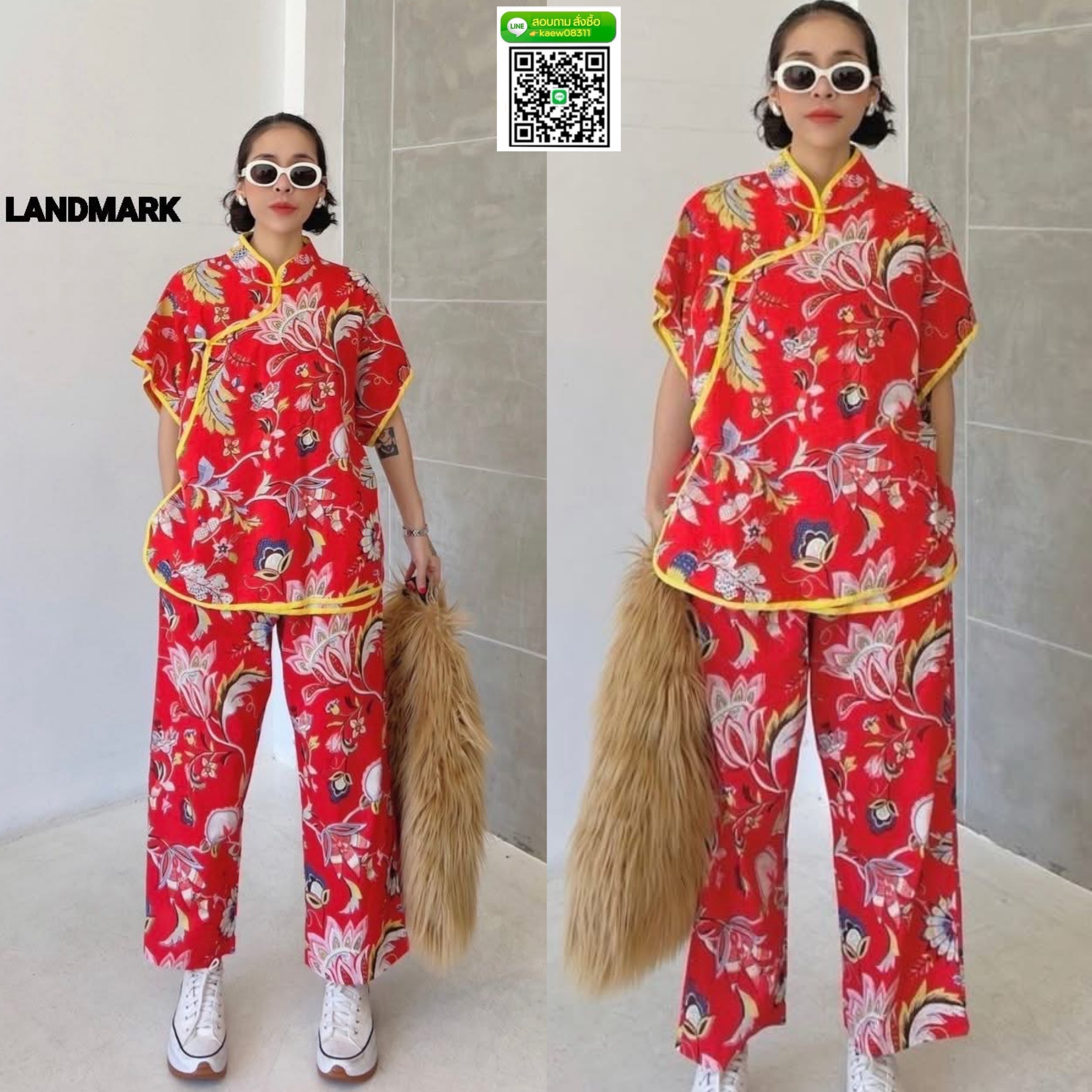 กี่เพ้า ชุดเซ็ทผ้าบล็อคคอทตอลอินเดีย เสื้อดีไซน์คอจีน กระดุมป้ายข้างกุ๊นขอบ กางเกงเอวสม็อค มีกระเป๋าล้วง ใส่สบาย : สินค้าคุณภาพ (พร้อมส่ง)