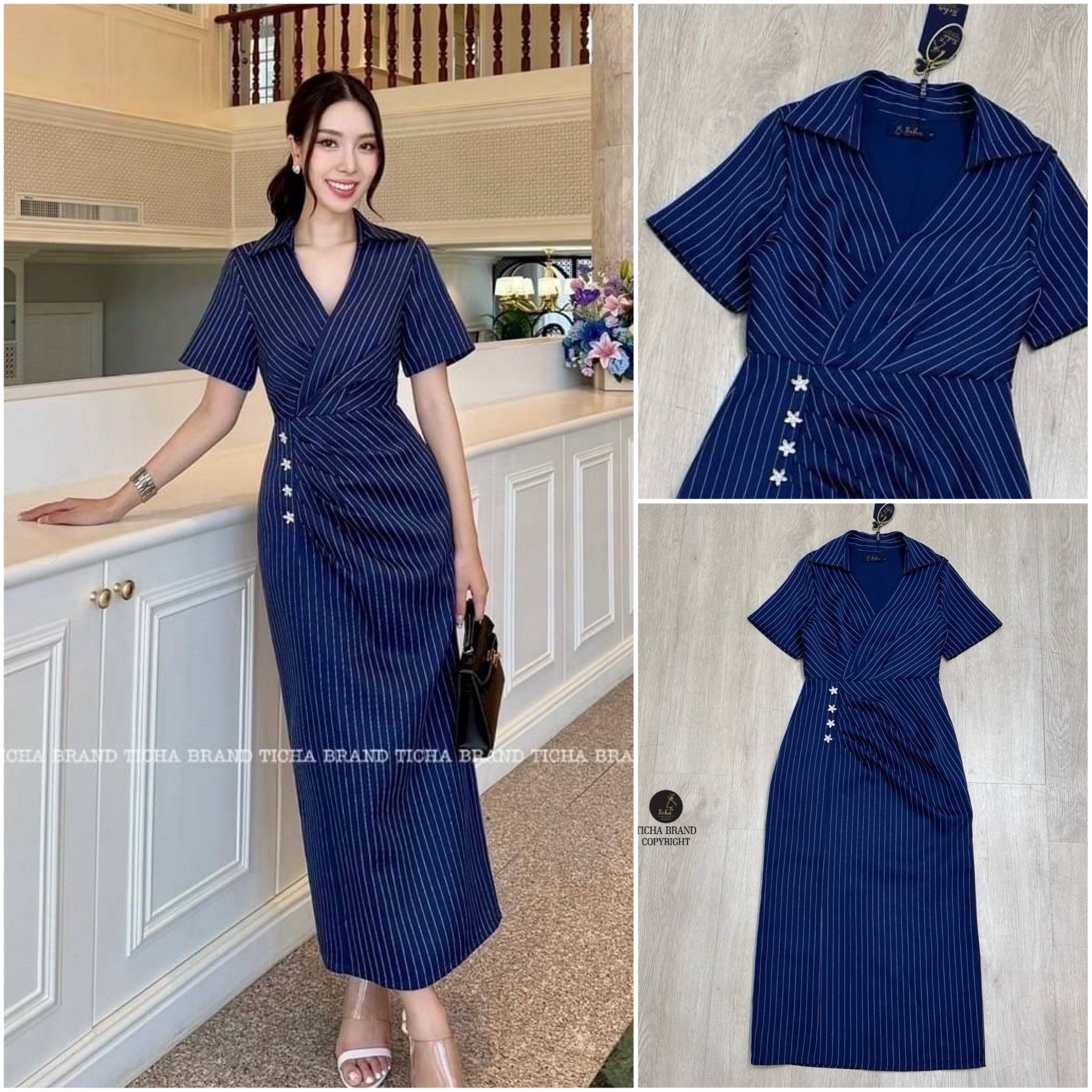 เดรสยาวสีกรมลายริ้วเล็กสีขาว แต่งคอปกดีเทลป้ายช่วงเอวเย็บย่นและเย็บติดอะไหล่ดอกไม้เพชร ( มีซิปข้างอย่างดี )กระโปรงทรงตรงยาวเข้ารูป แต่งผ่าหลัง ใส่สบาย : สินค้าคุณภาพ (พร้อมส่ง)