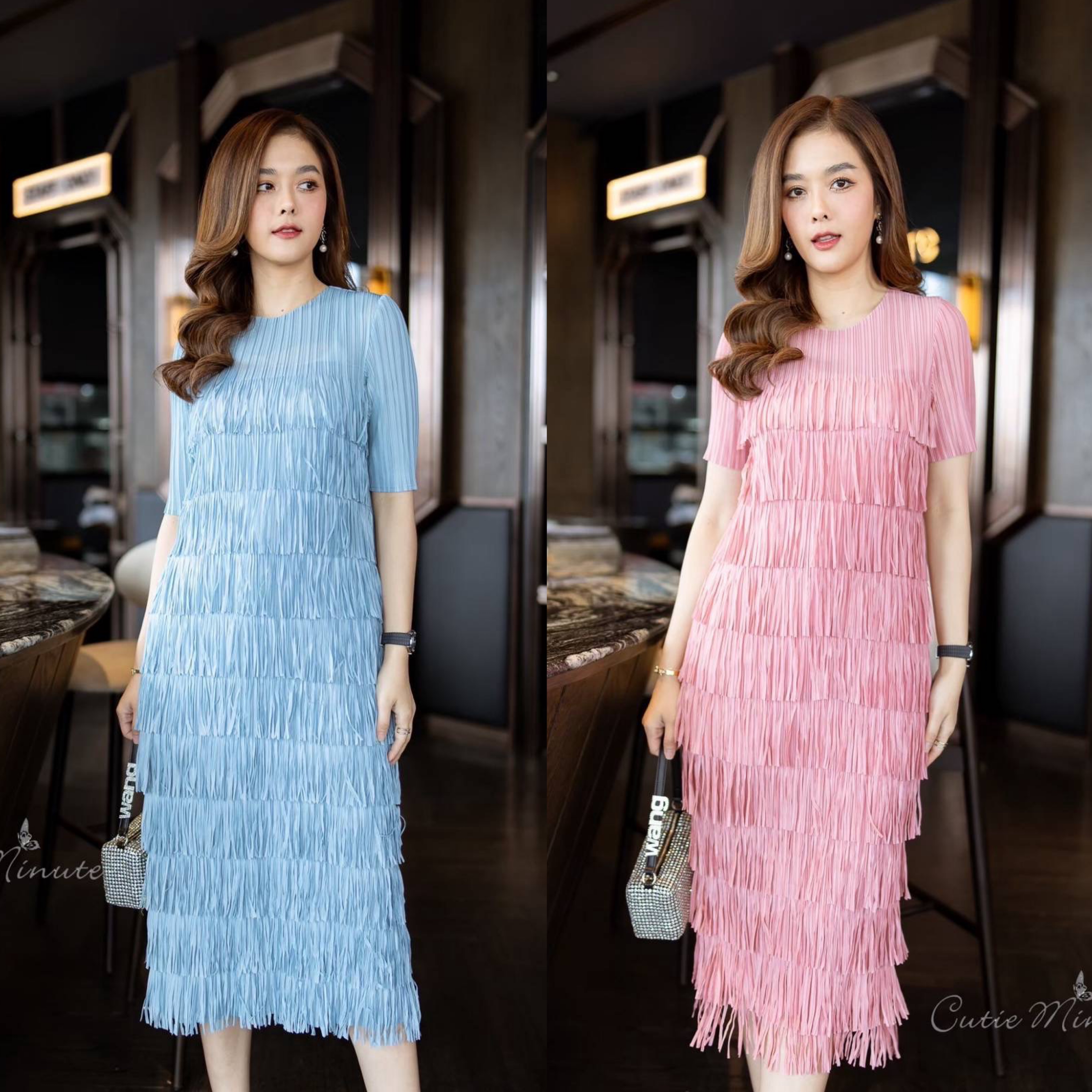 เดรสผ้าอัดพลีท Premium งานแต่งดีเทลด้วยพู่เป็นชั้นๆ ผ้ายืดหยุ่นได้ทั้งตัว ทรงชุดเข้ารูป ใส่สบาย : สินค้าคุณภาพ (พร้อมส่ง)