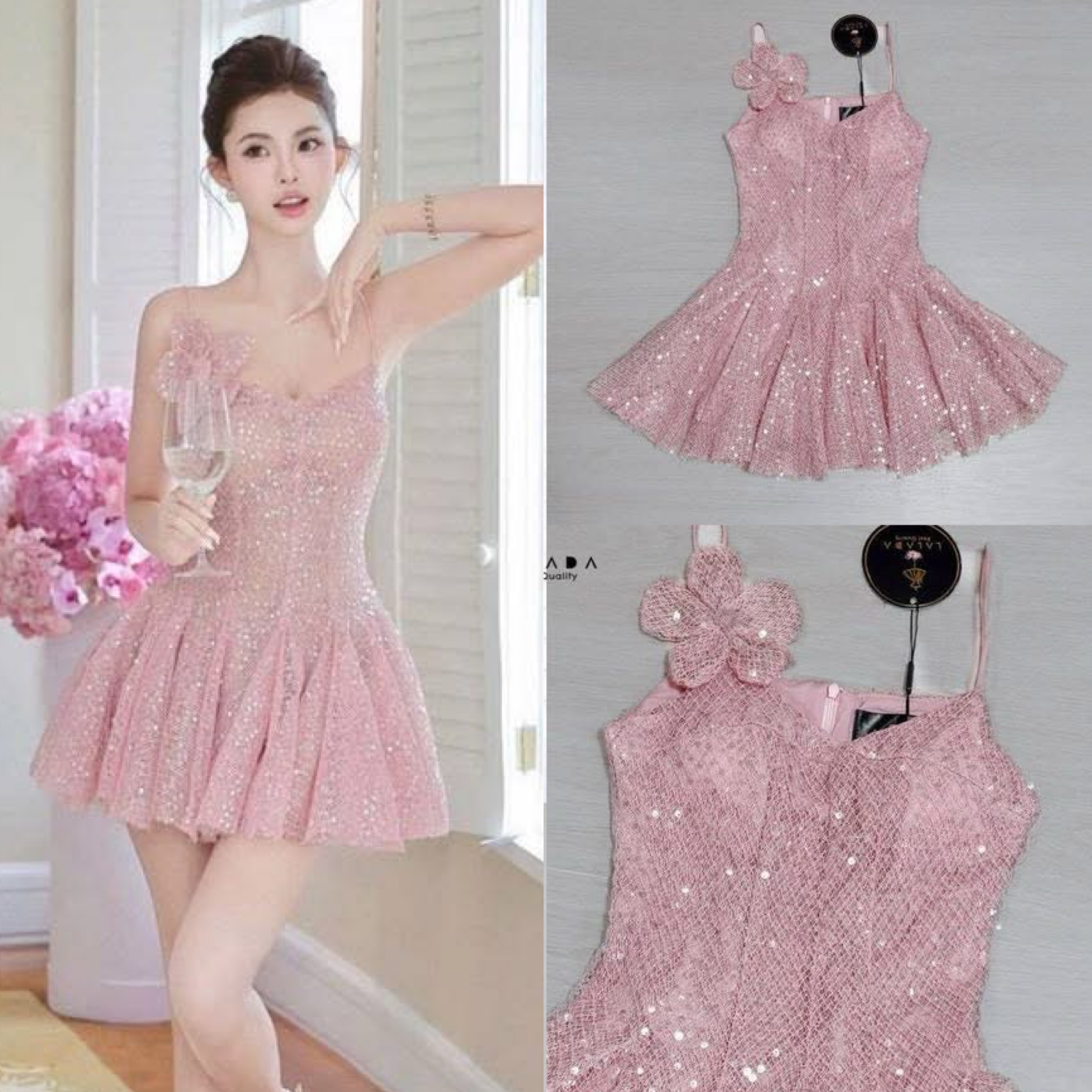 มินิเดรสสวยหวาน กระโปรงทบาน ผ้าตาข่ายปักเลื่อมทั้งชุด สวยติดแกลม งานซิปหลัง เสริมฟองน้ำเพิ่มความมั่นใจ + เข็มกลัดดอกไม้ติดได้ ใส่สบาย : สินค้าคุณภาพ (พร้อมส่ง)