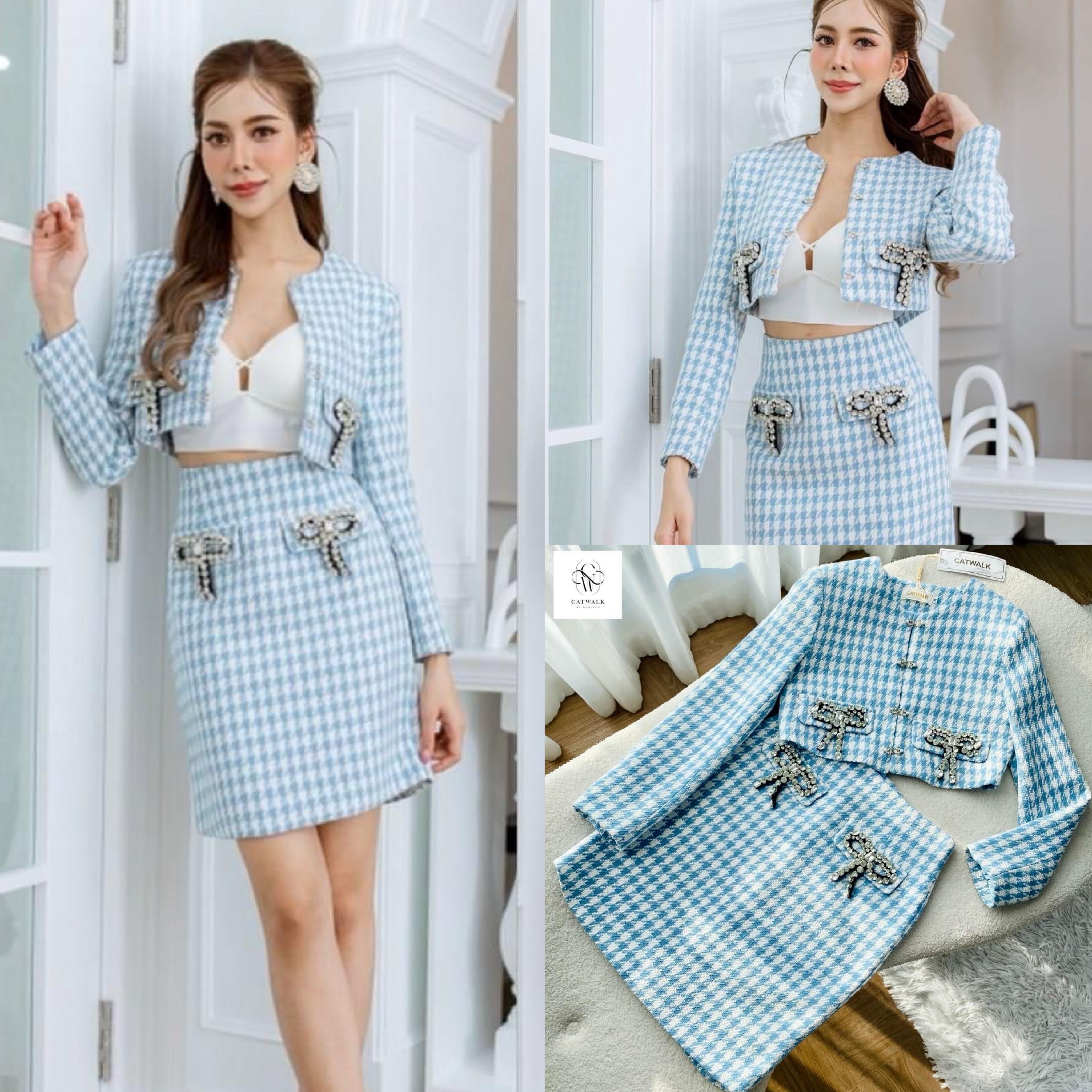 เซตผ้าทวิตลายชิโนริเสื้อครอปแต่งโบว์เพชร+กระโปรงทรงสอบ เนื้อผ้าทวิตทอลายเกรดเอ งานhiend ใส่สบาย สินค้าคุณภาพ (พร้อมส่ง)