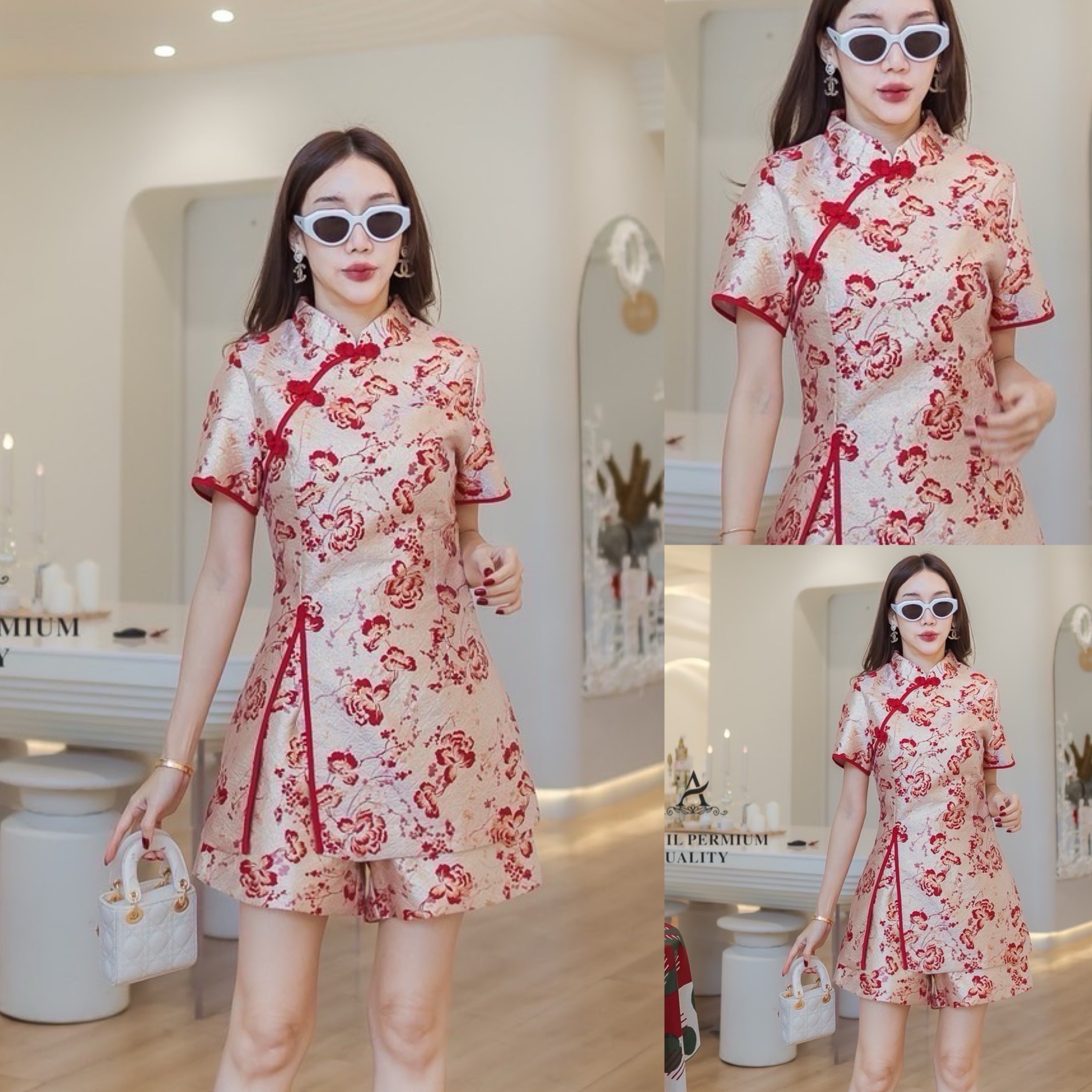 เซต 2 ชิ้น เสื้อแขนสั้นคอจีนผ่าหน้า แมทกับกางเกงขาสั้น เนื้อผ้าทอลายดอกเหมยตัดทอง มีซับในพร้อมอัดกาวทั้งชุด สินค้าคุณภาพ (พร้อมส่ง)