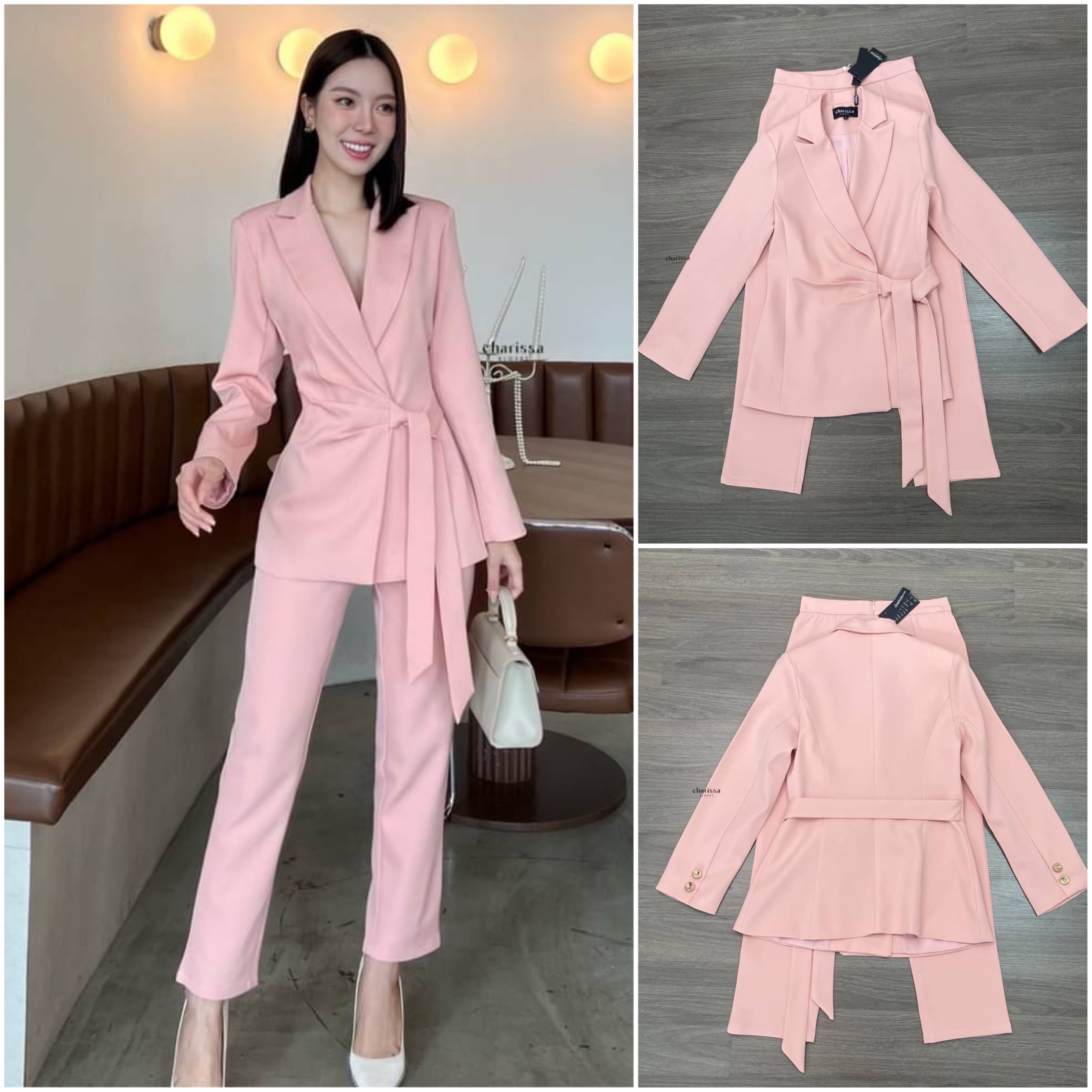 Set suit 2 ชิ้น เสื้อสูททรงยาวเข้ารูป มีเสริมบ่าบางๆ กับสายผูกเอวเย็บติดด้านหน้า พร้อมกางเกงเป็นทรง9 ส่วน สินค้าคุณภาพ (พร้อมส่ง)