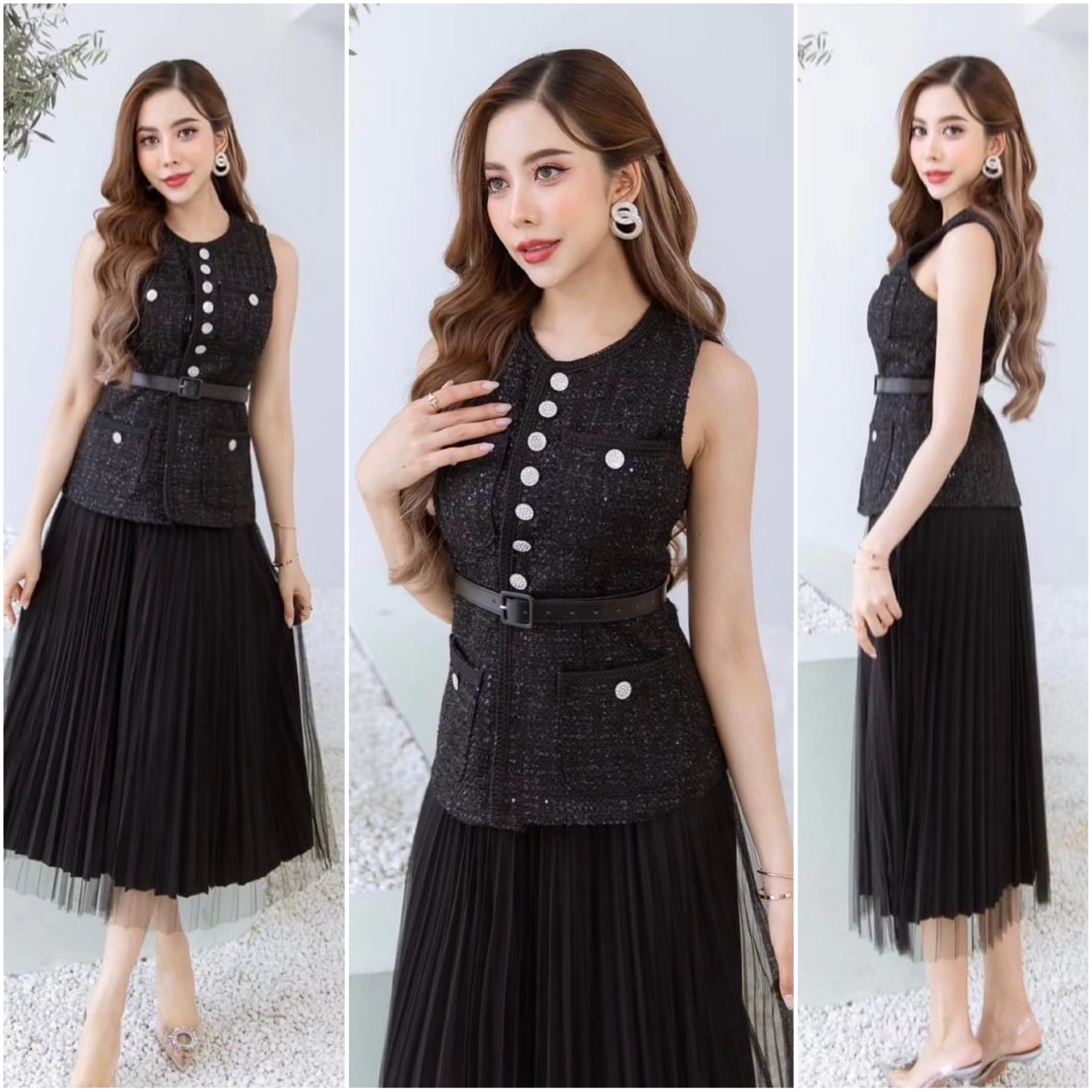 เซตเสื้อผ้า ทวิตกระดุมเพชร+กระโปรงผ้าตาข่ายอัดพลีท เนื้อผ้าทวิตเกรดเอ ใส่สบาย สินค้าคุณภาพ (พร้อมส่ง)