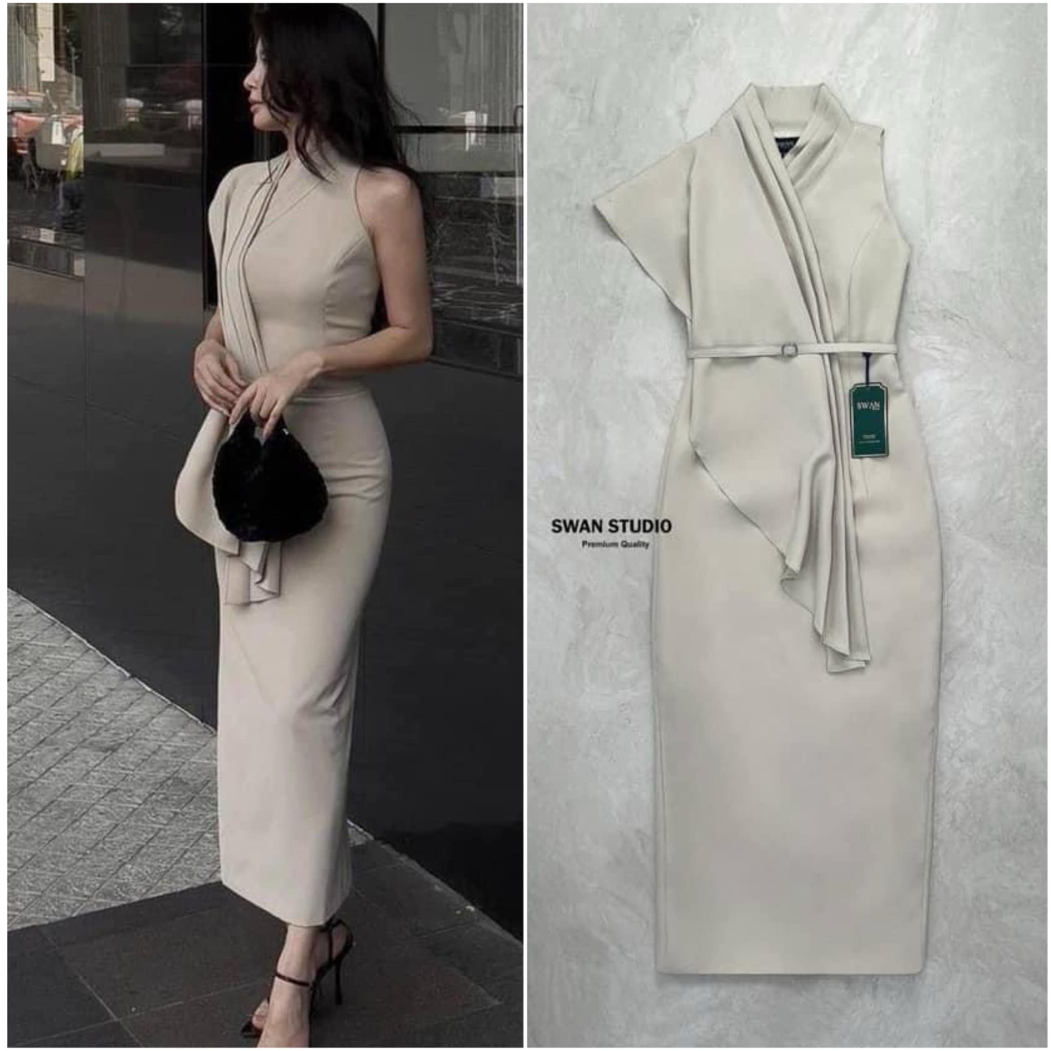 Middle Dress สีเบจ แขนข้างนึง เป็นแขนกุด อีกข้างแต่งผ้าซ้อนเป็นชั้นๆ มีเข็มขัดรัดเอว ลุคนี้เรียบๆ มีสไตล์ ใส่สบาย สินค้าคุณภาพ (พร้อมส่ง)
