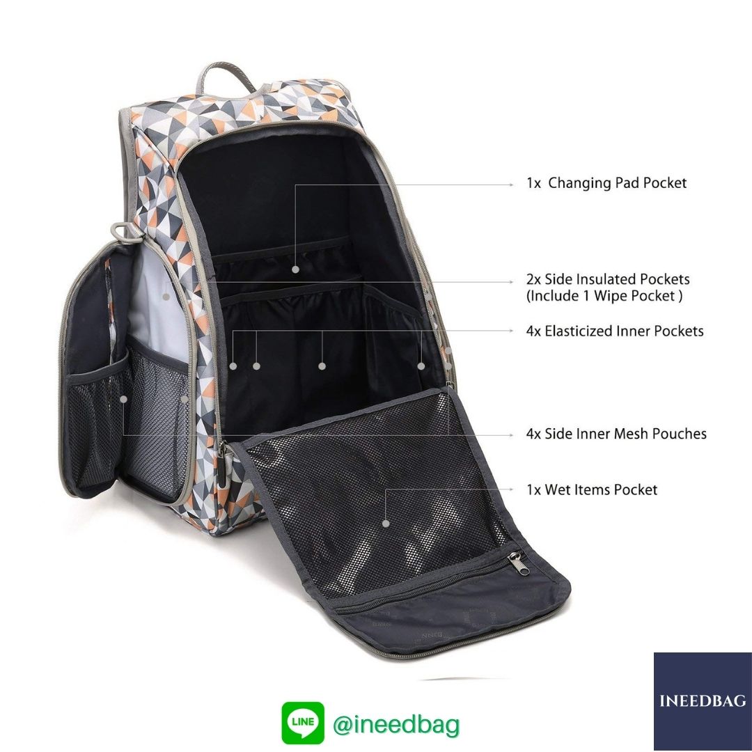 Ecosusi กระเป๋าคุณแม่ กระเป๋าสัมภาระคุณแม่ กระเป๋าแม่ลูกอ่อน แบบเป้ มาพร้อมแผ่นรองเปลี่ยนผ้าอ้อม, สายคล้องรถเข็น, ช่องเก็บความร้อน-เย็น, ช่องเก็บทิชชู่เปียก (Light Orange)