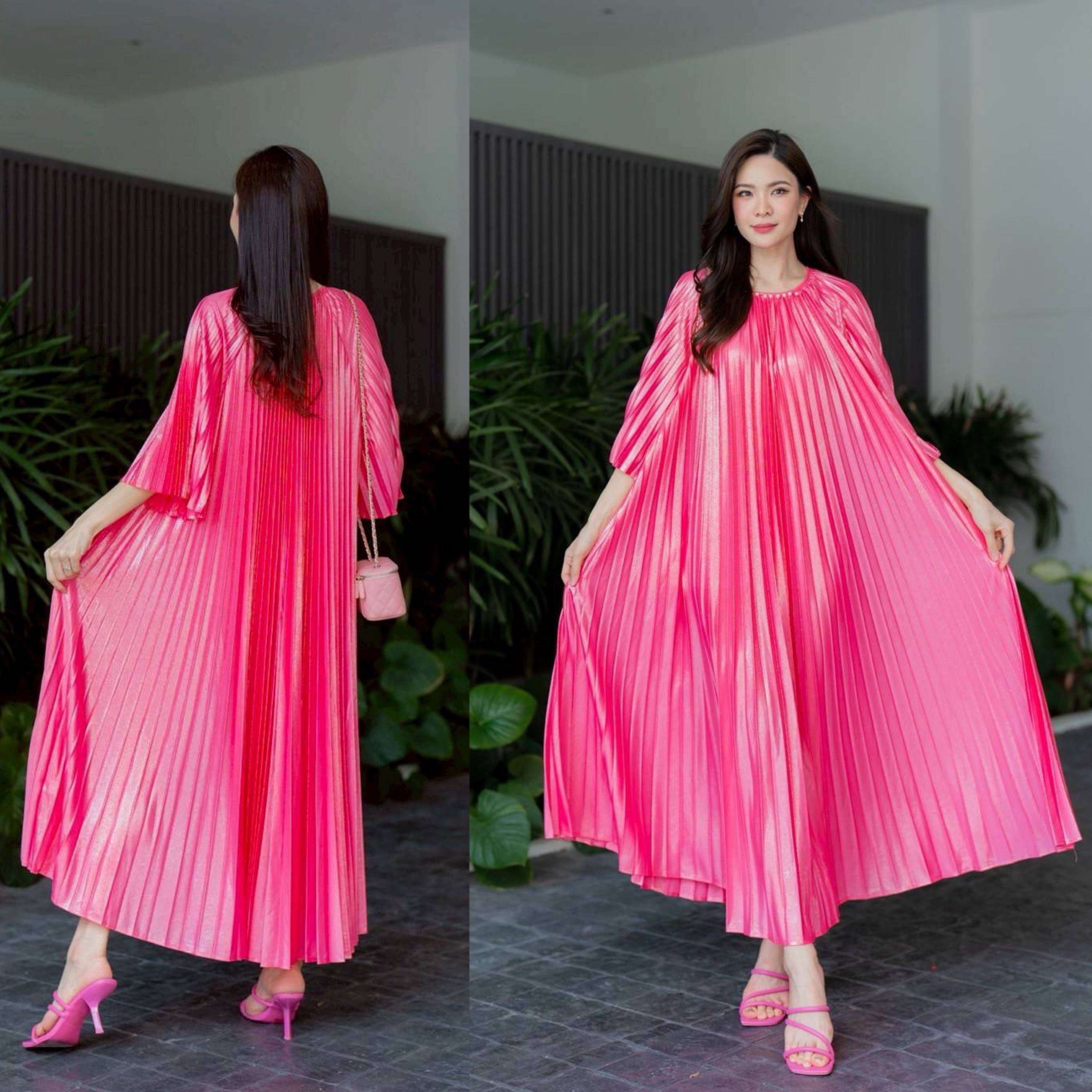 ชุดเดรสตัวยาว ทรงคอกลม แขน 4 ส่วน ใส่หลวมๆ สบายๆ แบบพริ้วๆ ความยาว 💘 กำลังดีงาม อัดพลีทเนื้อแน่น AA Premium ผ้าเมทาลิคเนื้อดี สีเหลือบทอง วิบวับ ใส่สบาย : สินค้าคุณภาพ (พร้อมส่ง)