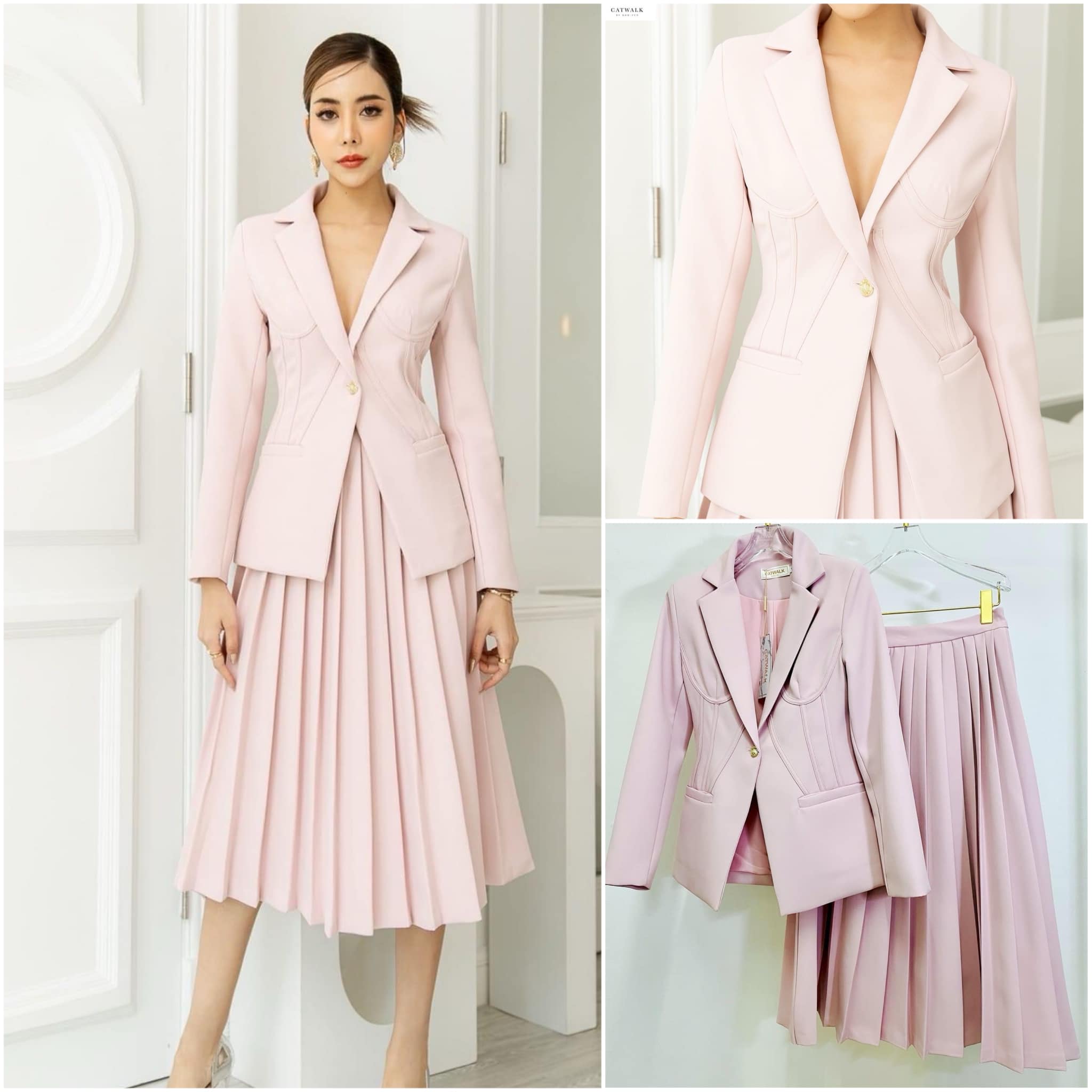 เซตBLAZER +กระโปรงจับจีบรอบ เนื้อผ้าเกรดเอ ตัวBLAZERเป็นทรง ข้ารูป มีกระเป๋า 2 ข้างใช้งาน ได้จริง มาคู่กับกระโปรงจีบจีบรอบตัว ใส่สบาย สินค้าคุณภาพ (พร้อมส่ง)