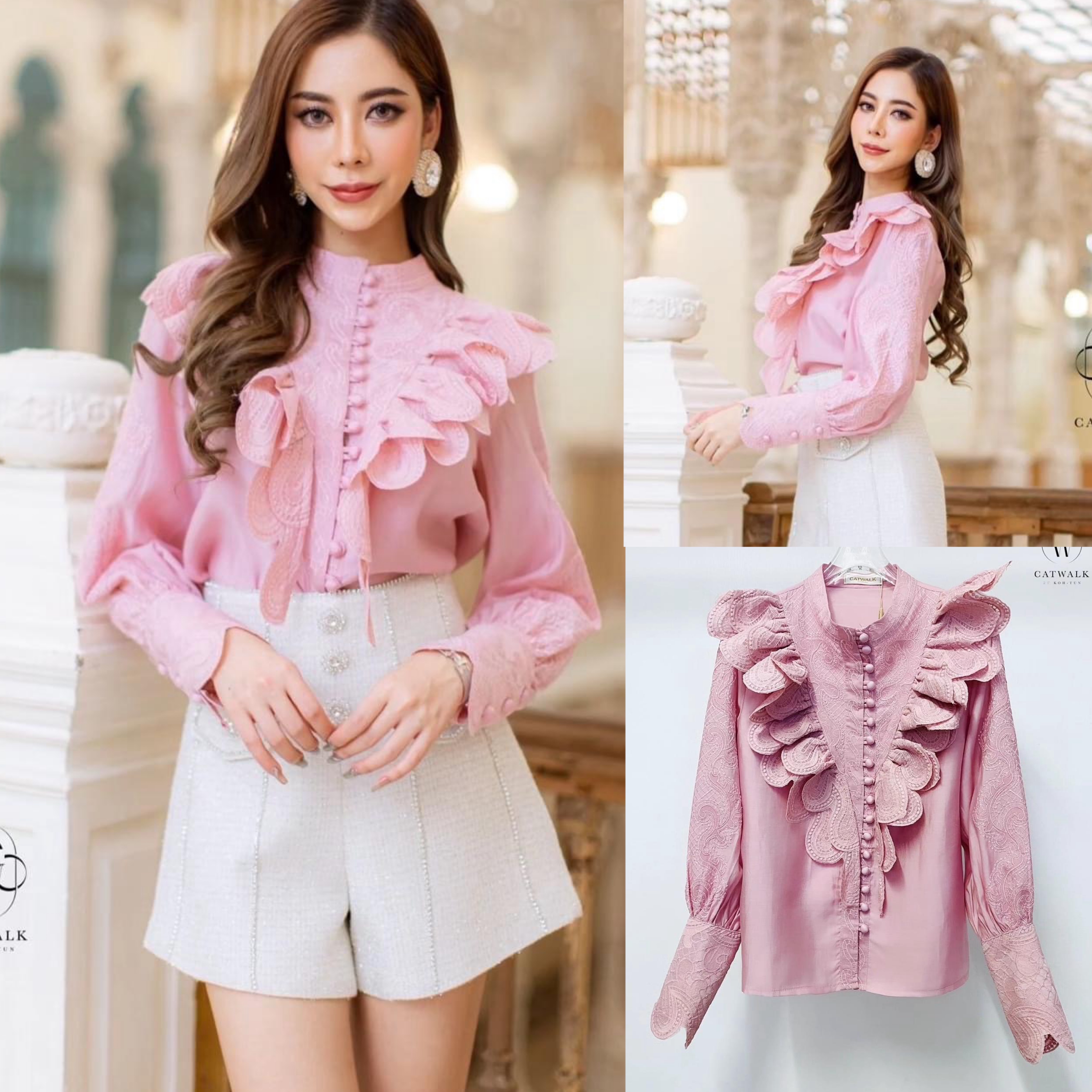 เสื้อแขนยาวแต่งระบายผ้าลูกไม้ เนื้อผ้าเกรดเอ ใส่สบาย : สินค้าคุณภาพ (พร้อมส่ง)