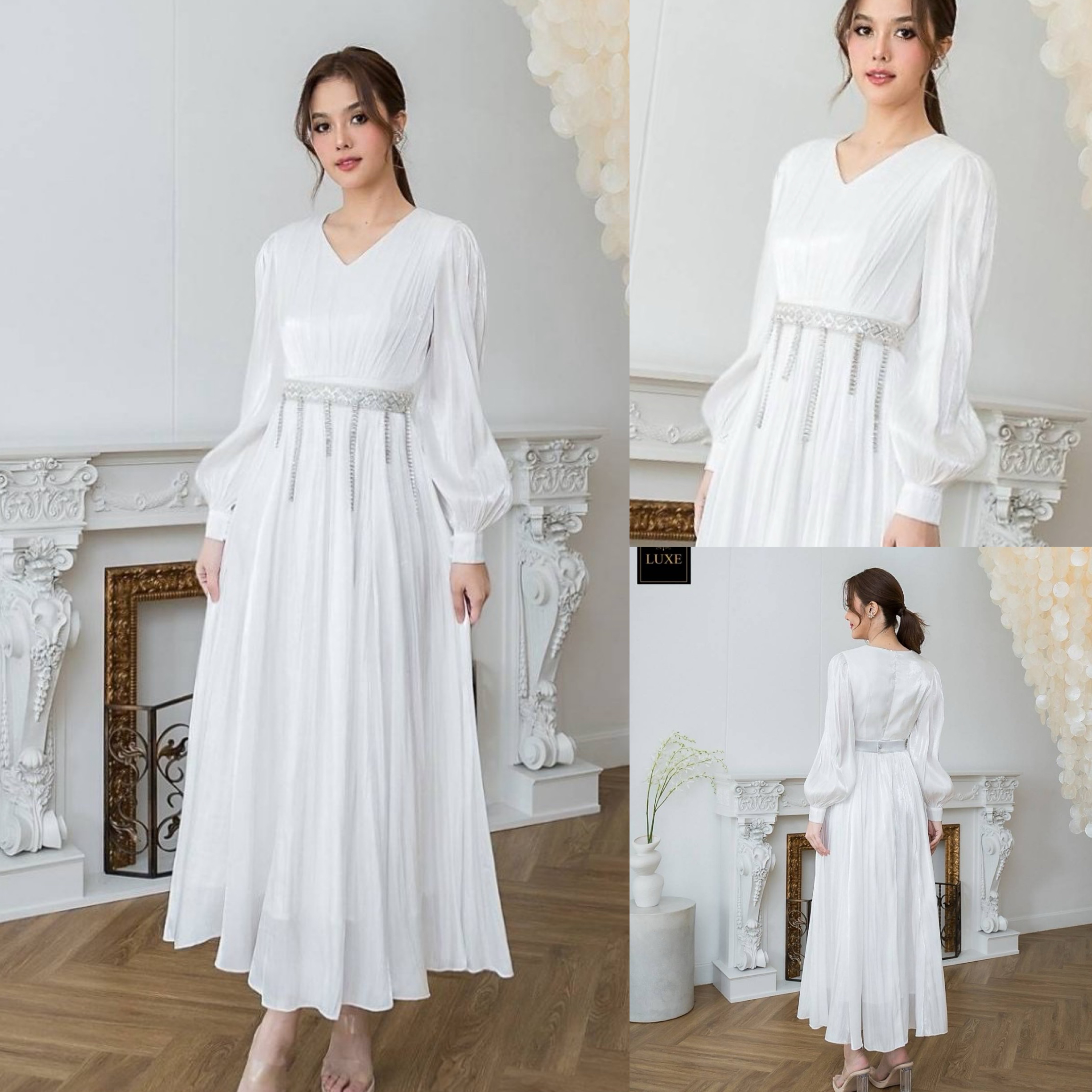 แม็กซี่เดรสเสื้อคอวีแขนยาว กระโปรงบาน +เข็มขัด ใส่สบาย : สินค้าคุณภาพ (พร้อมส่ง)