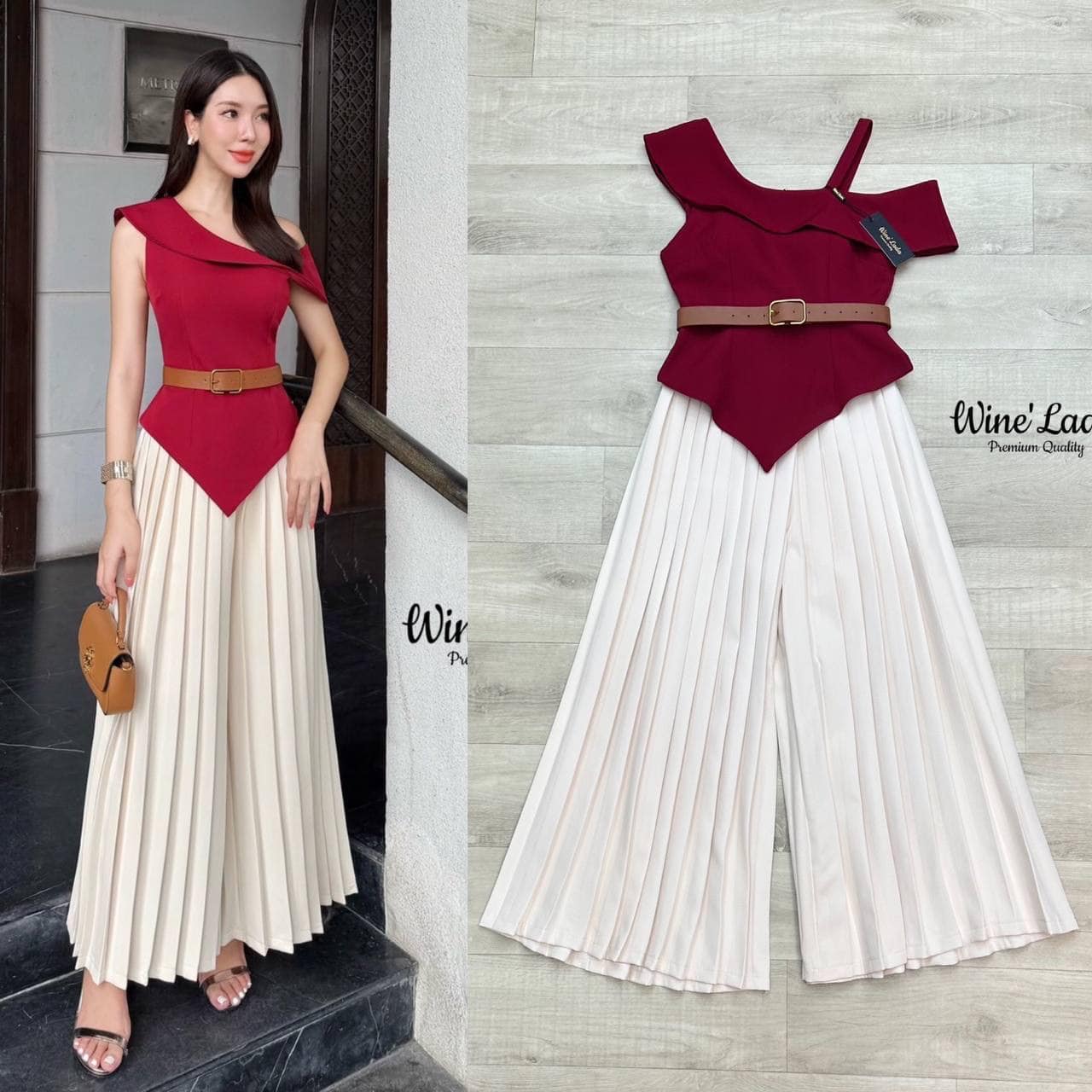 Set 3 Pcs.เซ็ทเสื้อไหล่เดียวสีแดง มาพร้อมกับกางเกงขายาวอัดพีทรอบตัวเอวสูง ทรงสวยมากค่ะ มีเข็มขัดเข้าเซ็ท ใส่สบาย : สินค้าคุณภาพ (พร้อมส่ง)