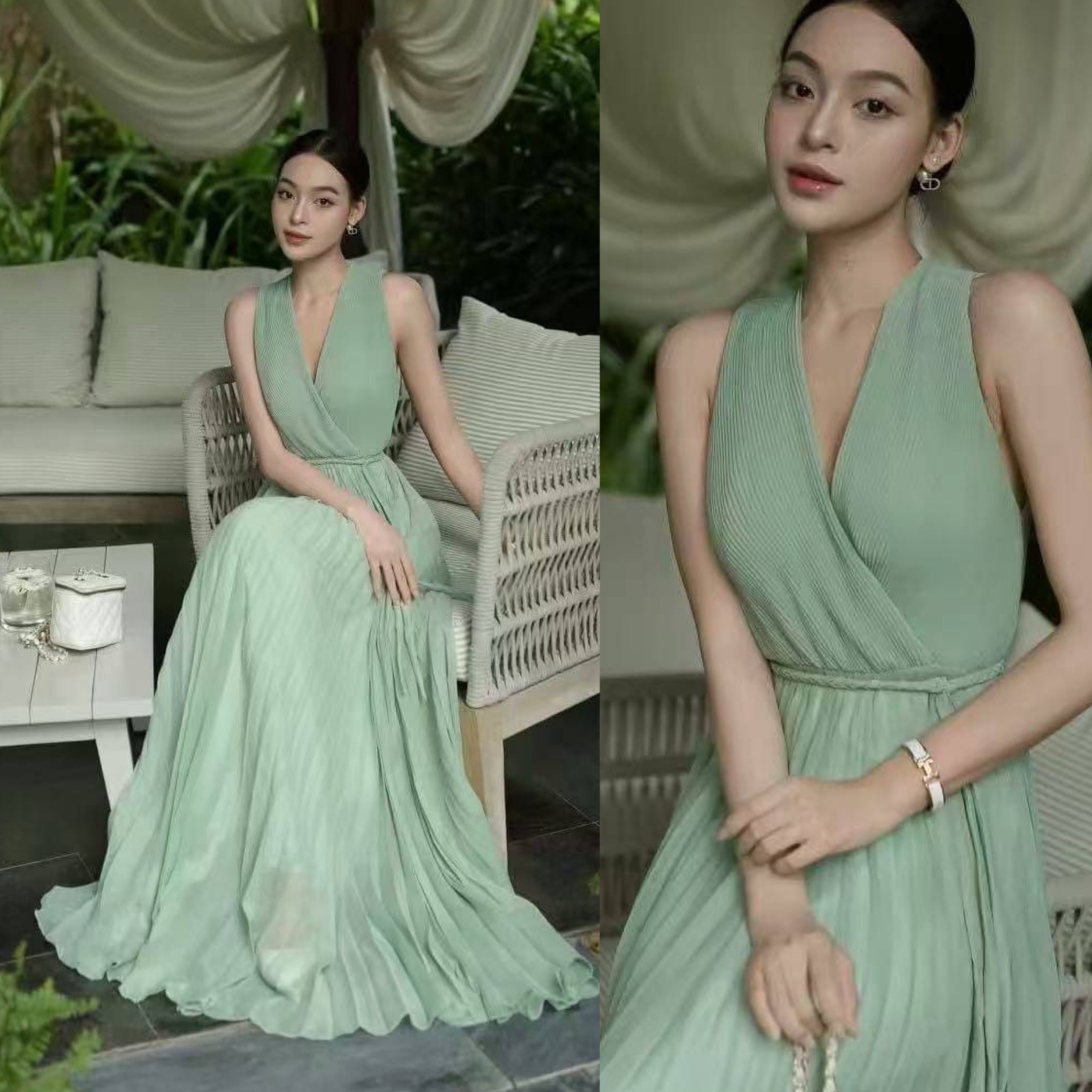 เดรสแขนกุดพลีตสีเขียวตัวยาว มาพร้อมเชือกสานผูกเอว ใส่สบาย : สินค้าคุณภาพ (พร้อมส่ง)