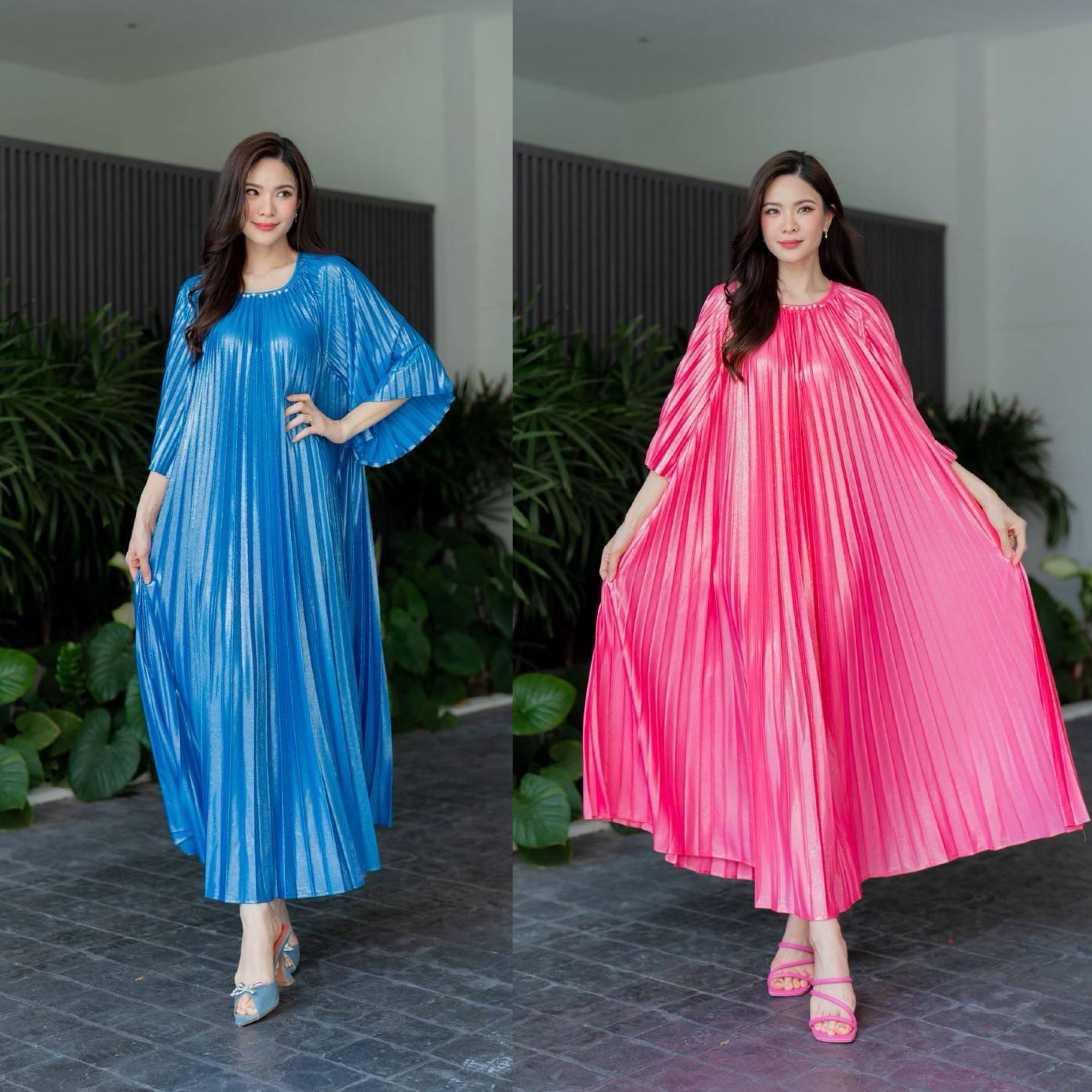 ชุดเดรสตัวยาว ทรงคอกลม แขน 4 ส่วน ใส่หลวมๆ สบายๆ แบบพริ้วๆ ความยาว 💘 กำลังดีงาม อัดพลีทเนื้อแน่น AA Premium ผ้าเมทาลิคเนื้อดี สีเหลือบทอง วิบวับ ใส่สบาย : สินค้าคุณภาพ (พร้อมส่ง)