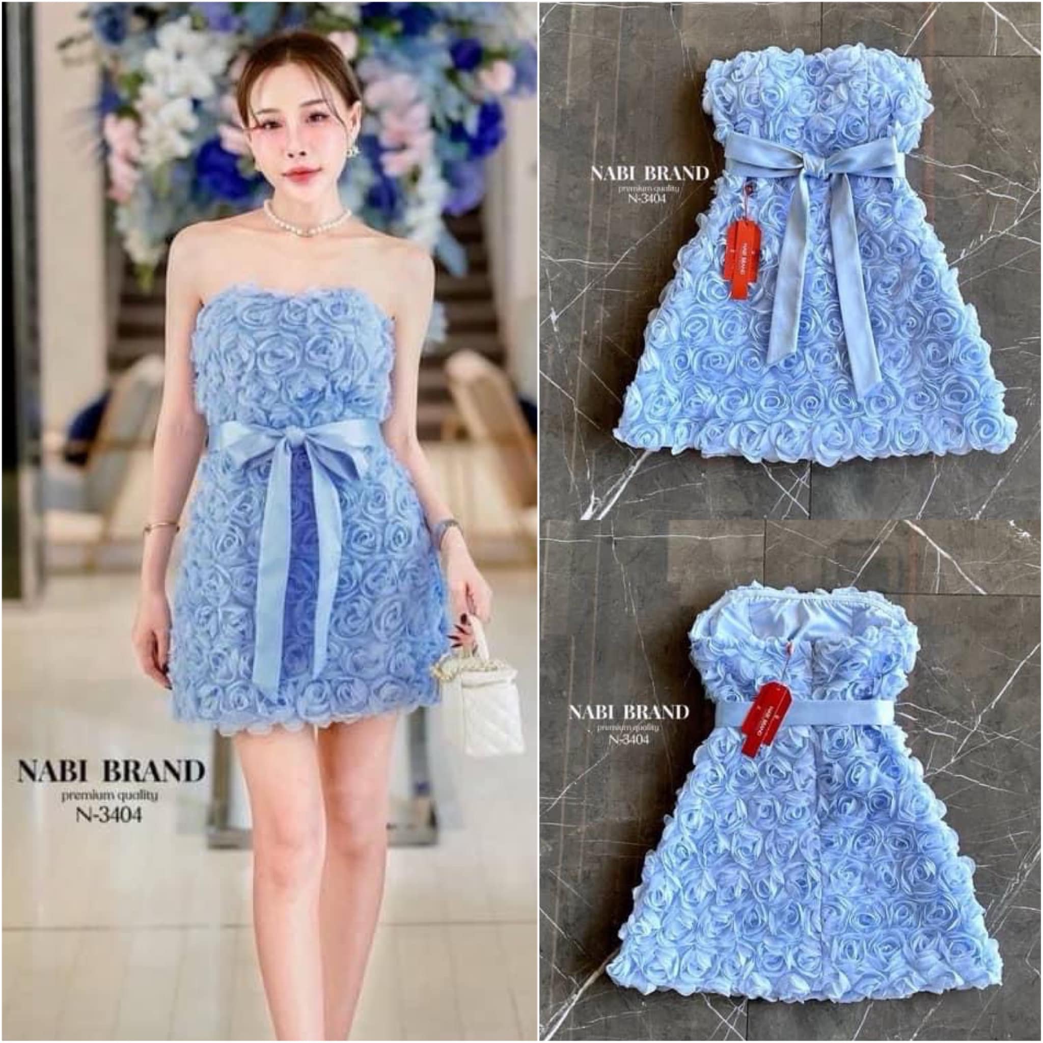 เดรสเกาะอกผ้ากุหลาบ3D สีฟ้า ละมุนสวยน่ารักมากค่ะ ดีไซน์ทรงเอ มีเชือก ผ้าซาตินเงา ให้ผูกตรงเอว ใส่สวยมากกกก ใส่สบาย สินค้าคุณภาพ (พร้อมส่ง)