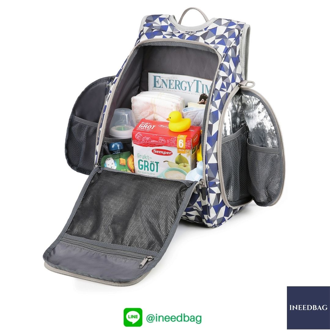 Ecosusi กระเป๋าคุณแม่, กระเป๋าสัมภาระคุณแม่, กระเป๋าแม่ลูกอ่อน แบบเป้ มาพร้อมแผ่นรองเปลี่ยนผ้าอ้อม, ช่องเก็บความร้อน-เย็น (New Version Blue) + Wet Pocket + Wipe Pocket