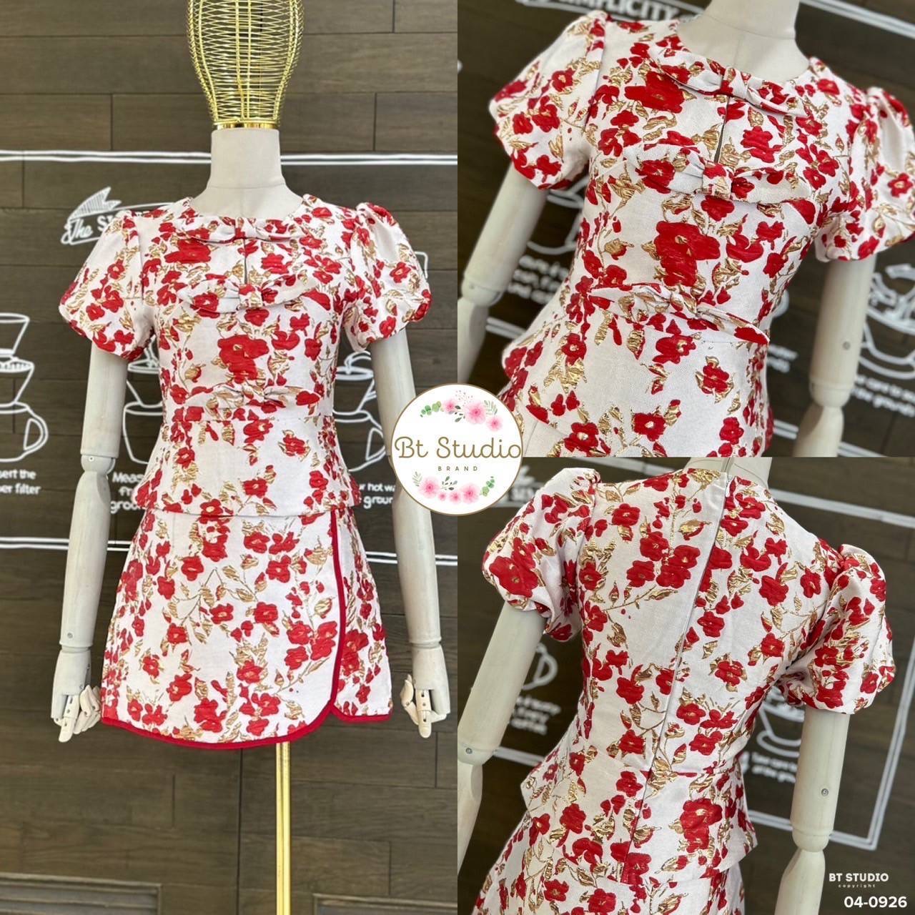 เซท 2 ชิ้น เสื้อแขนสั้นแต่งคอกลม แต่งโบเรียงกัน 3 ชั้น มาพร้อมกระโปรงสั้น แต่งขอบกุ้นสีแดง งานผ้าทอลายเนื้อผ้า ดี งานสวยม๊ากกก สินค้าคุณภาพ (พร้อมส่ง)