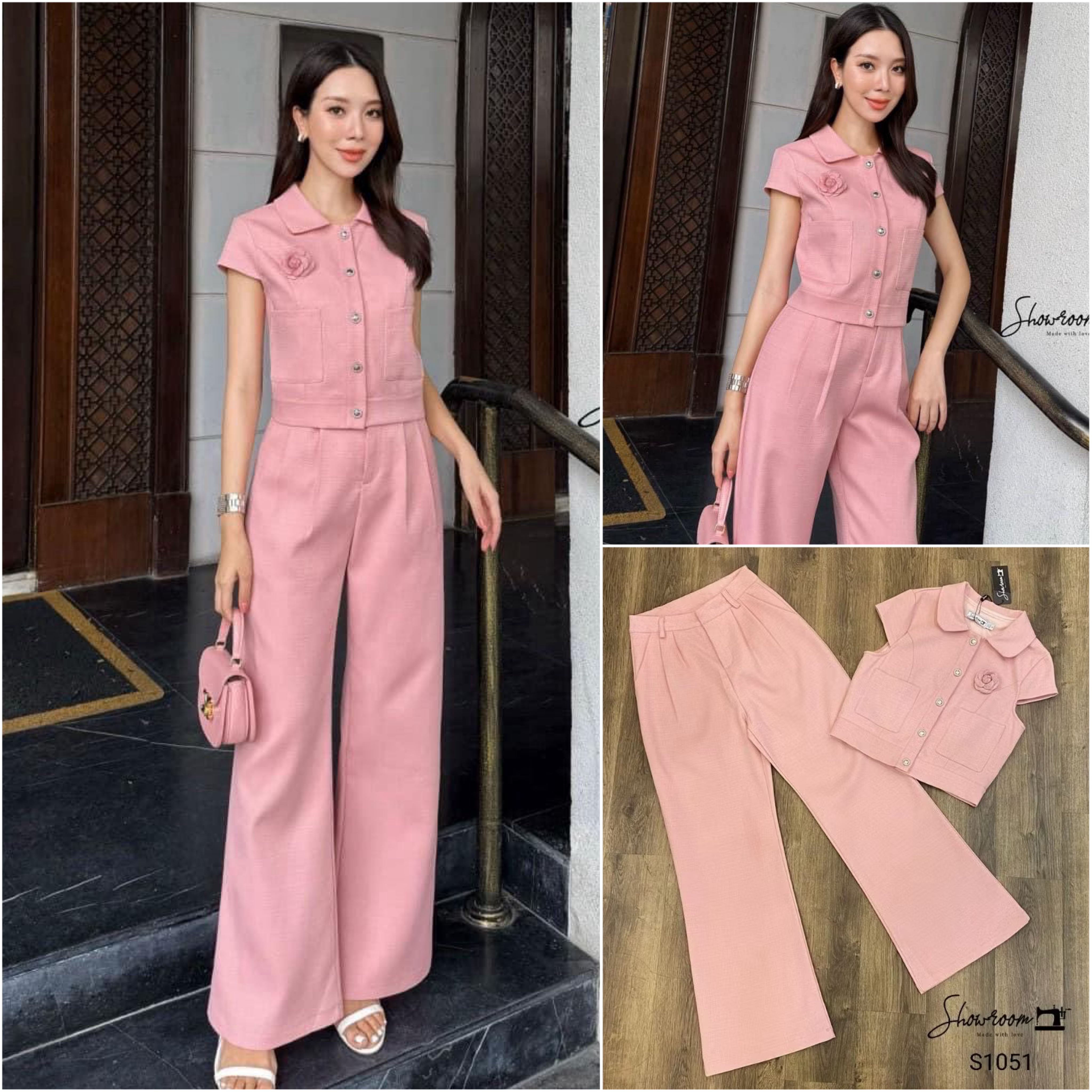 เซ็ตเสื้อดีไซน์สวย กระดุมหน้า แต่งปก ตัดต่อกระป๋าด้านหน้าซ้ายขวา มาพร้อมกางเกงขายาวเข้าเซ็ต และเข็มกลัด ใส่สบาย : สินค้าคุณภาพ (พร้อมส่ง)