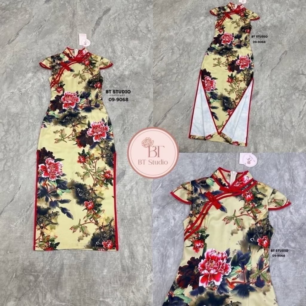 เดรสกี่เพ้า แต่งคอจีน พื้นสีพิมพ์ลายสวยม๊าก ห้ามพลาดเลยคร้าา limited ม๊ากคร้า ใส่สบาย : สินค้าคุณภาพ (พร้อมส่ง)