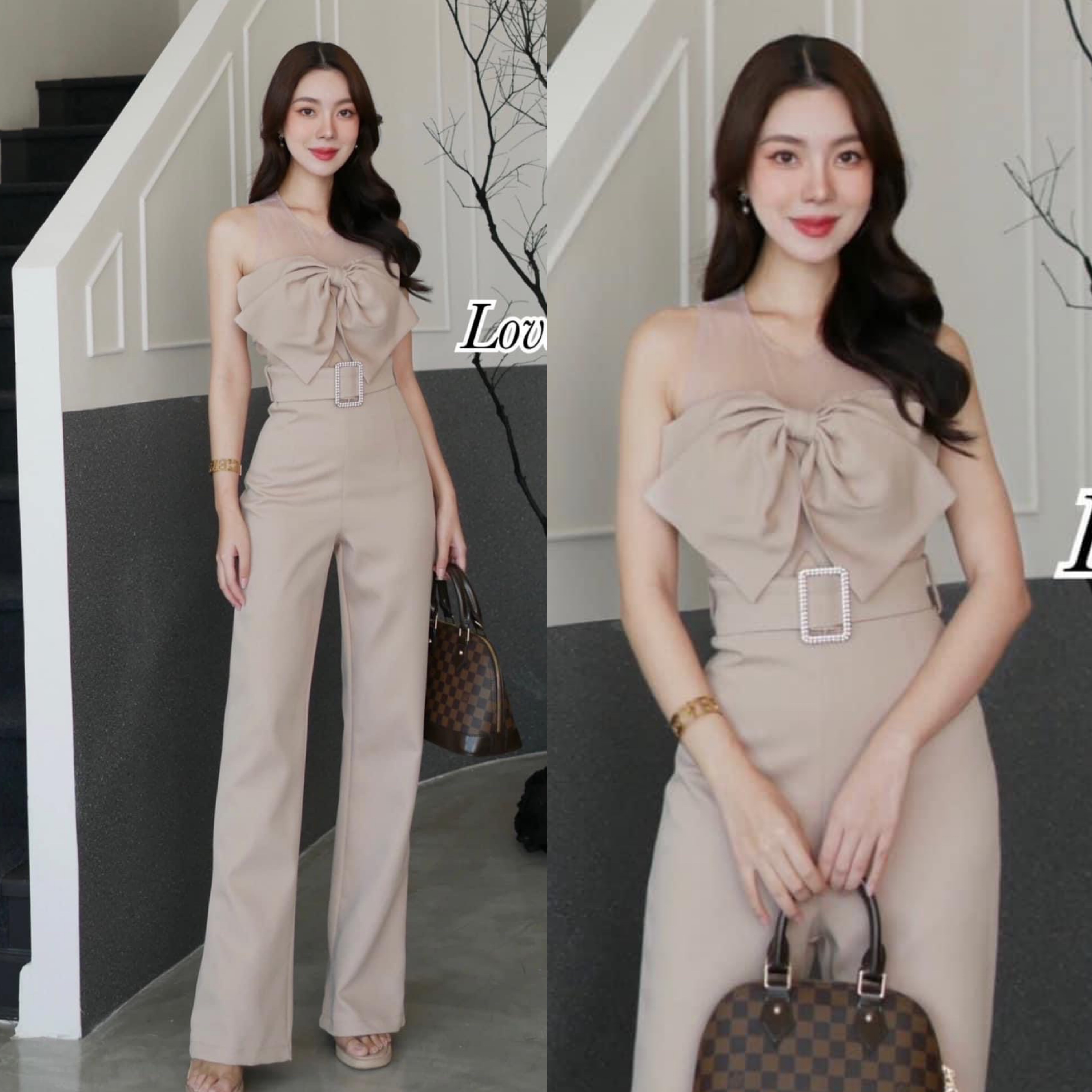 จั้มสูทกางเกงขายาว ไฮโซโบว์ใหญ่ ใส่แล้วเหมือนใส่เกาะอก ช่วงกางเกงอัดผ้ากาวอย่างดี ทรงสวย มีซับในอย่างดี สินค้าคุณภาพ (พร้อมส่ง)