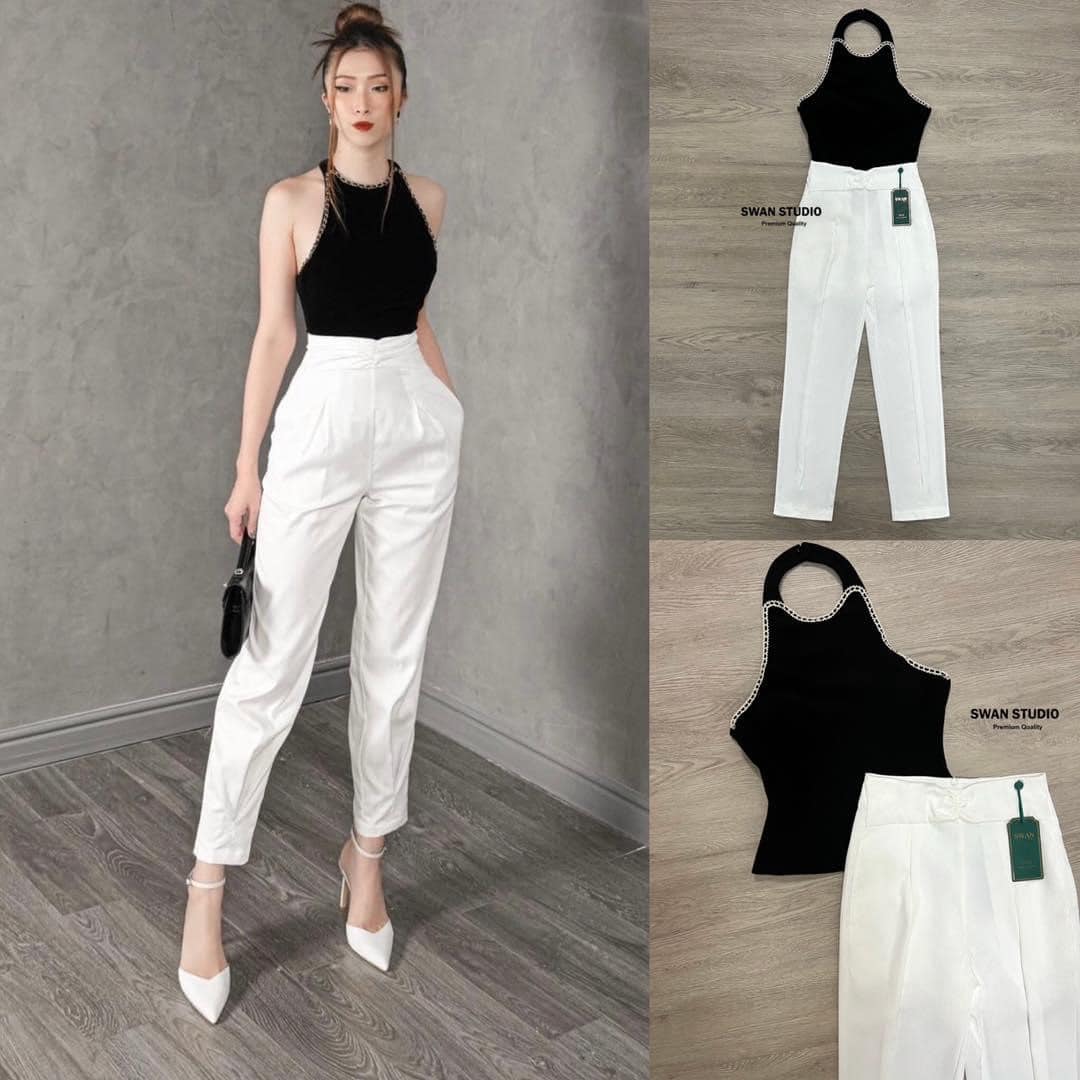 เซทเสื้อสีดำคล้องคอ แต่งขอบด้วย อะไหล่เงิน ด้านหลังเปิด มากับกางเกงขา 8 ส่วนสีขาว สินค้าคุณภาพ (พร้อมส่ง)
