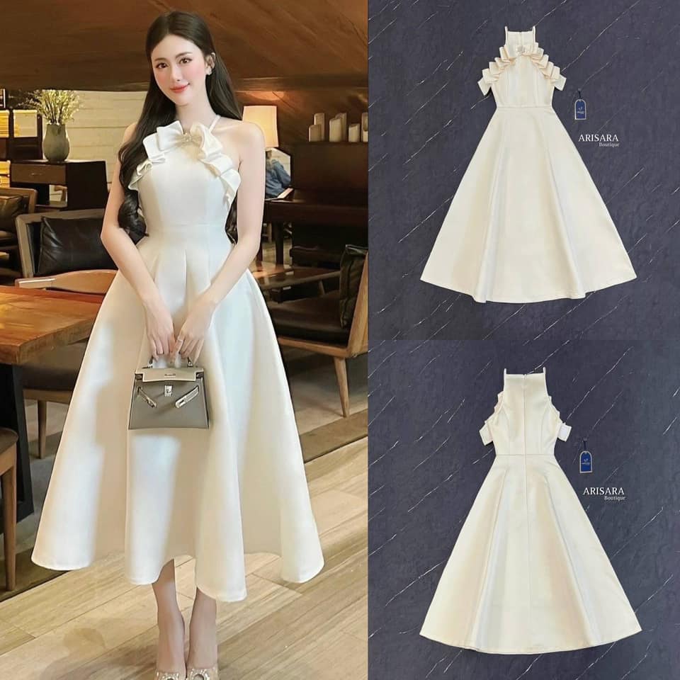 เดรสยาวสีครีมทอง เพิ่มดีเทลด้วยโบว์แต่งเพชรด้านหน้า มีฟองน้ำเสริมทรง ซับในทั้งชุด ใส่สบาย : สินค้าคุณภาพ (พร้อมส่ง)