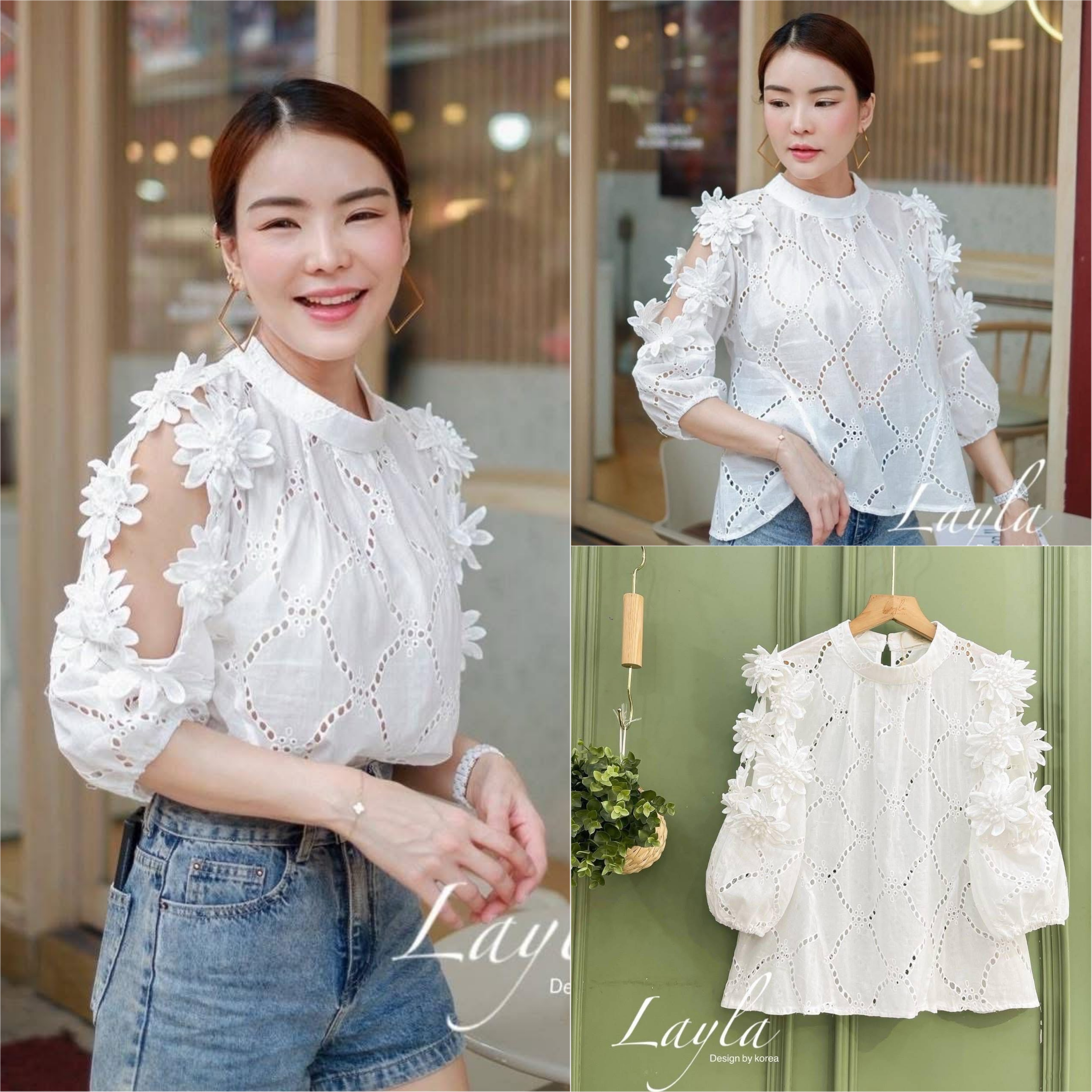 เสื้อคอตตอนฉลุเว้าไหล่ แต่งดอกไม้สวยๆ ทรงเอน่ารัก ใส่ปล่อยๆ ใส่สบาย : สินค้าคุณภาพ (พร้อมส่ง)